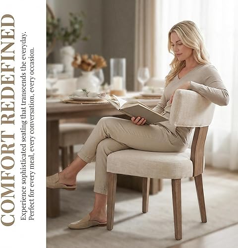 Miniatura 5 de Wahson Juego de 2 sillas de comedor estilo granja, tapizadas en color beige, modernas de mediados de siglo, con patas de madera natural, sillas de