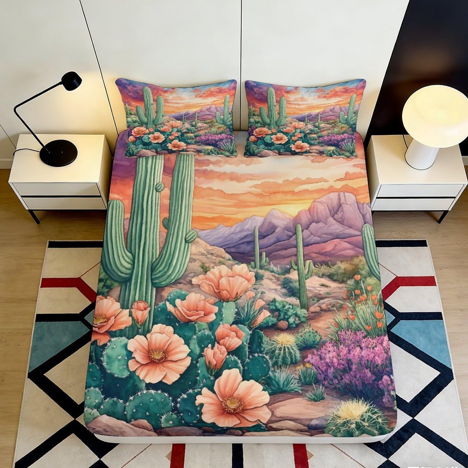 3D Printed Desert Cactus Landscape Fitted Sheet Microfiber Soft Mountain Sunset Bed Cover for Bedroom Guest Room 200x200x25cm