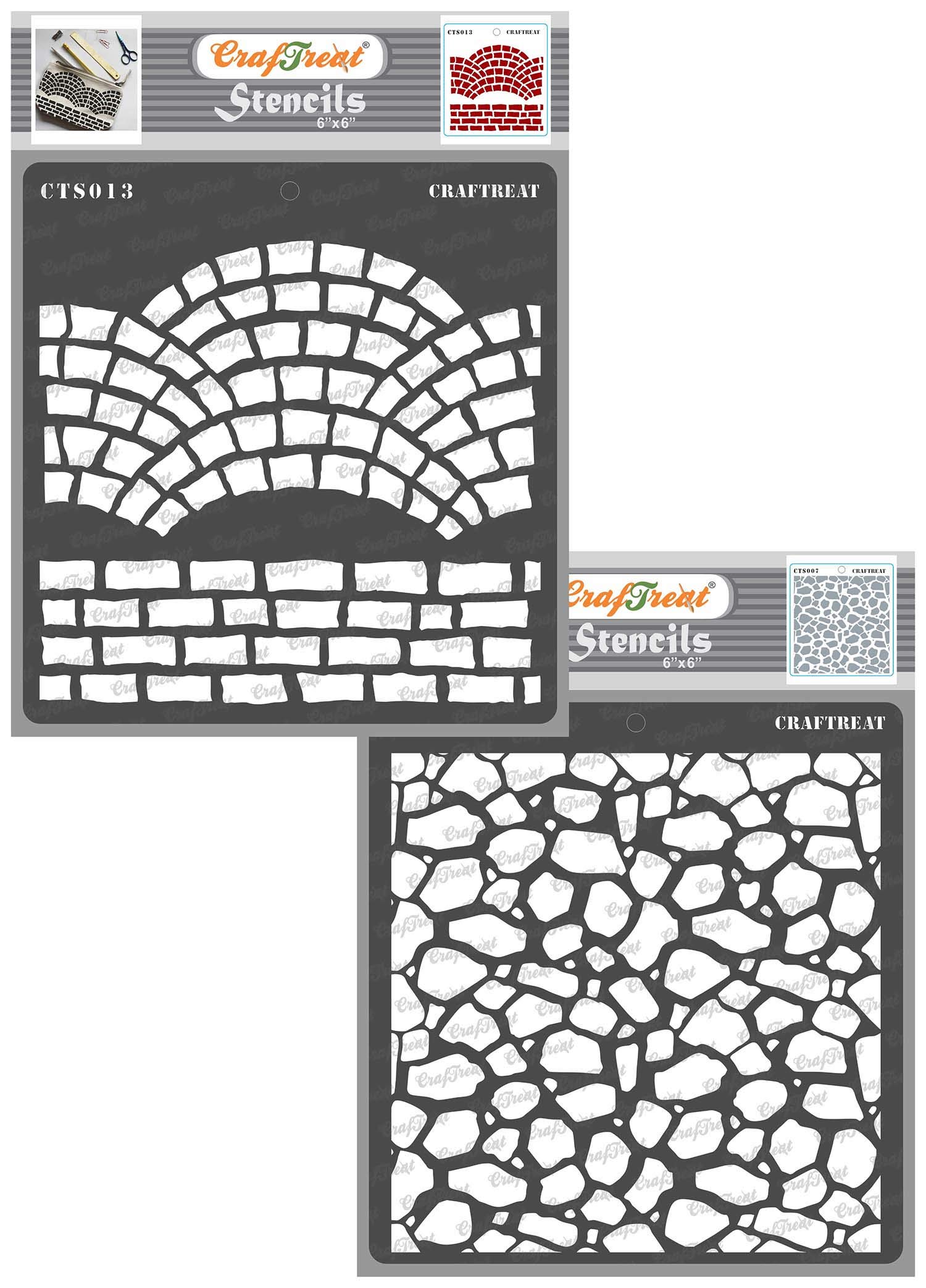 CrafTreat Brick Stencils for Painting on Wall, Wood, Canvas, Paper, Fabric, Floor, Wall and Tile - Fancy Bricks and Stone Background - 2 Pcs - 6x6 Inches Each - Reusable DIY Art and Craft Stencils
