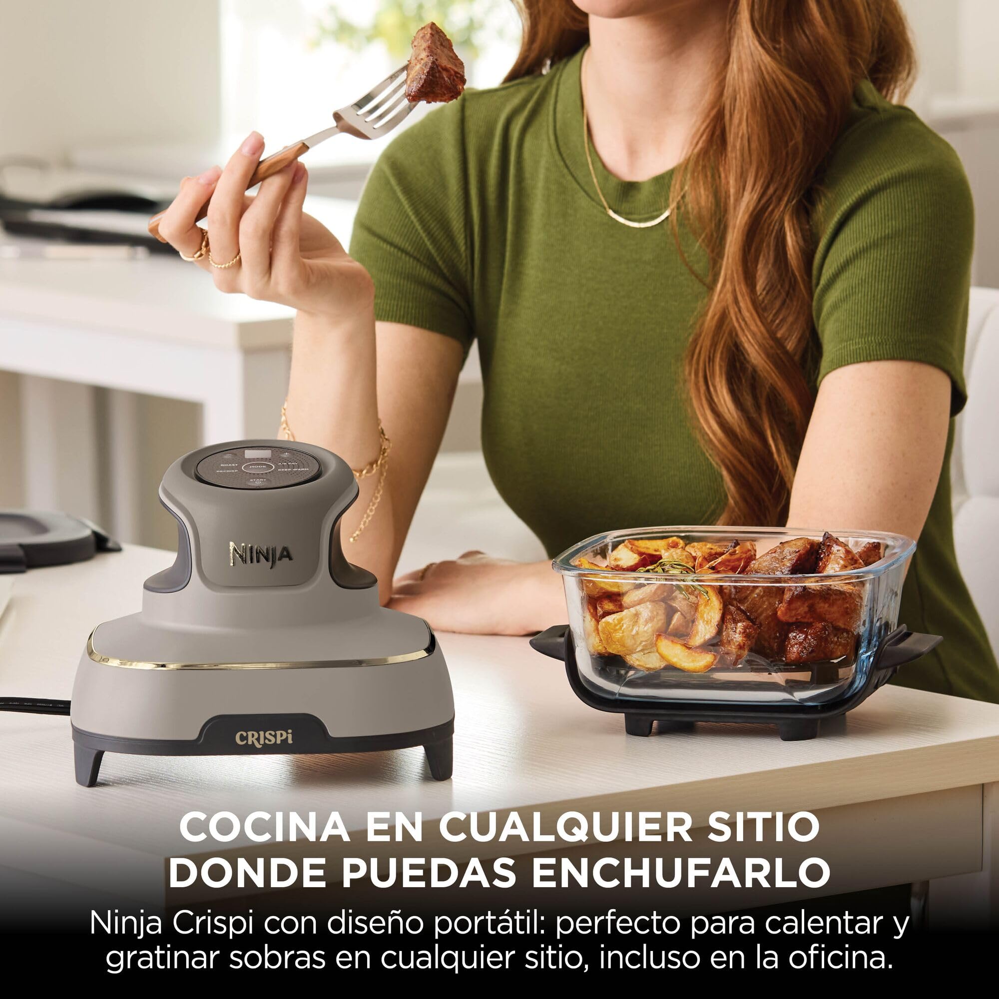 Ninja CRISPi Freidora de aire portátil, 3,8 l, 4 en 1, freír con aire, asar, mantener caliente y gratinar, incluye 2 recipientes de vidrio extraíbles y tapas, piedra dorada, FN101EUSTGD