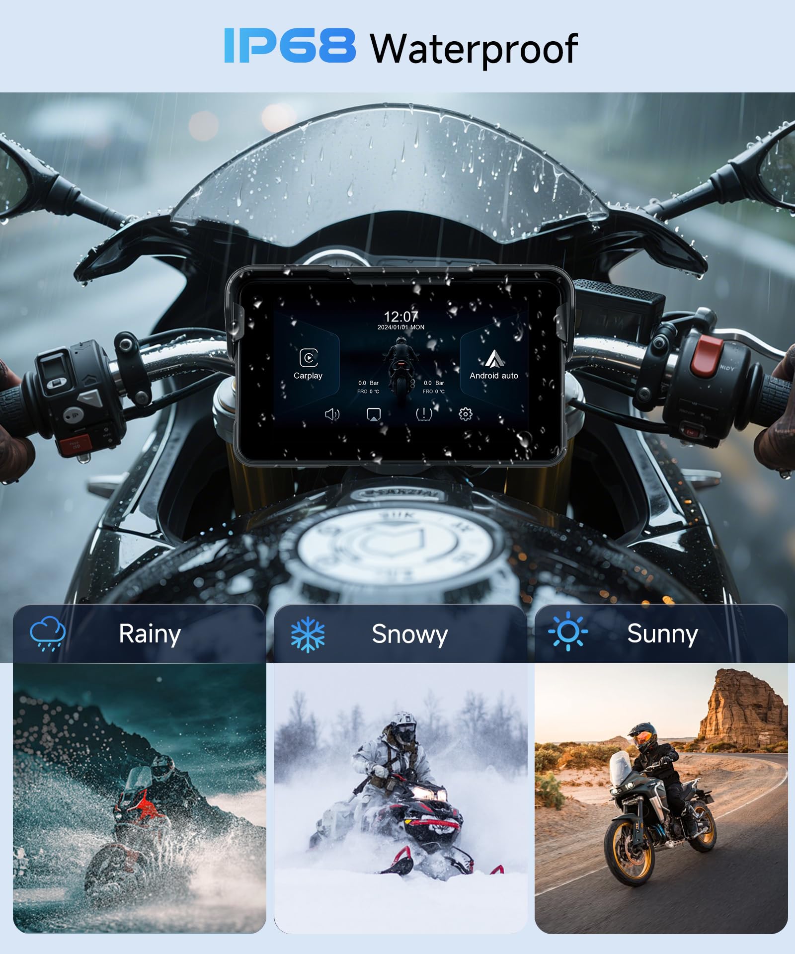 Motorcycle Carplay Android Auto Screen, 5 Inch Wireless CarPlay with Anti-Theft Design Mount, IP68 Waterproof Car Play Moto Touchscreen Dual Bluetooth Portable GPS Navigation