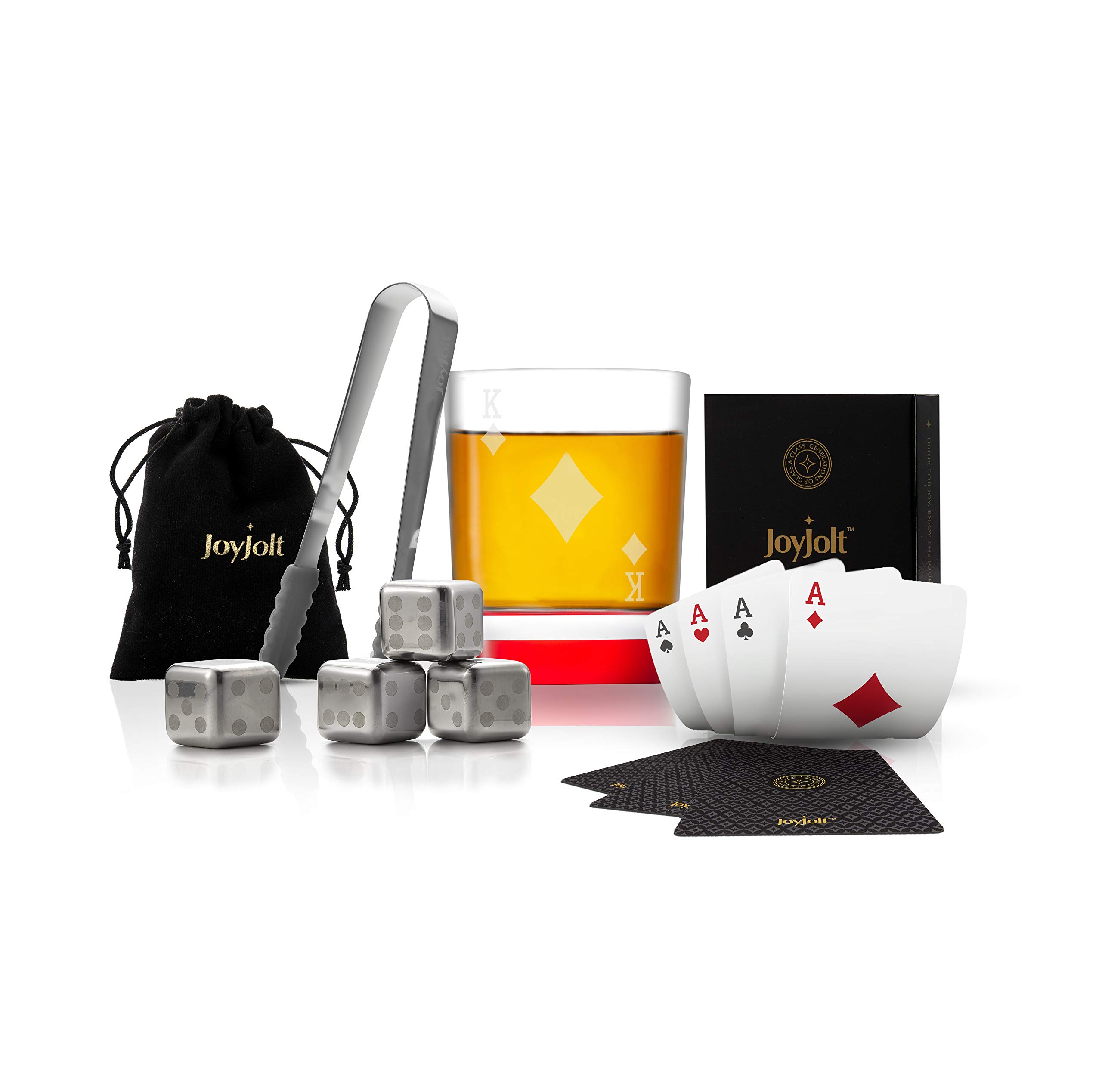 Amazon.com: JoyJolt Poker Whiskey Glass Set - King of Diamonds Semi Square  Rocks Glass Tumbler, 4x Dice Whiskey Stones, Dice Bag, Playing Cards Deck,  Mini Tongs for Reusable Ice Cubes. Cool Whiskey