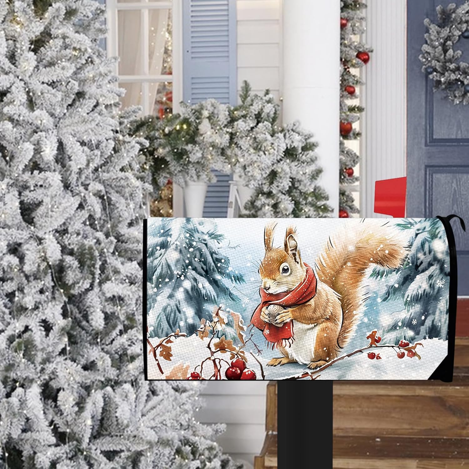 Winter Squirrel Mailbox Cover Magnetic Standard Size 20.5" x 18", Snowy Pine Tree Decorative Post Letter Box Wrap Decor, Christmas Red Berry Seasonal Garden Yard Outdoor Decoration