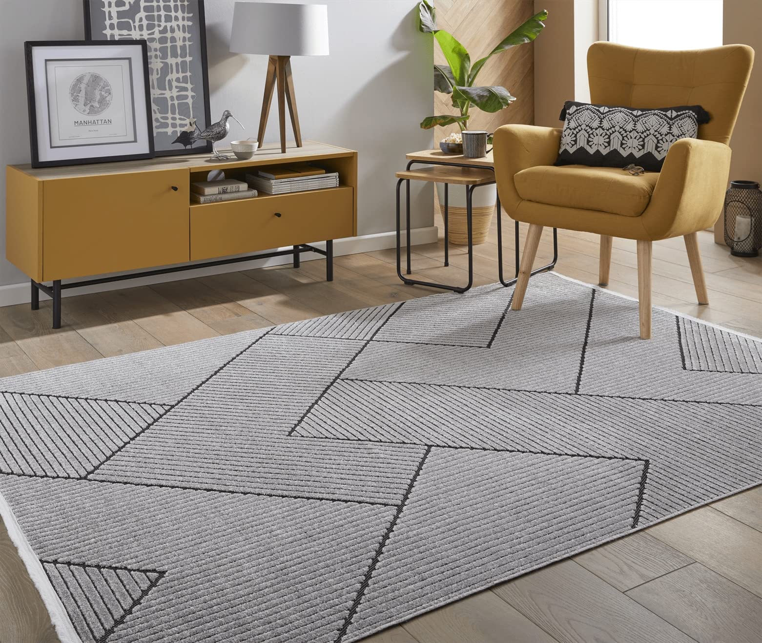 Jazz Indoor Outdoor Rug for Modern Garden Patio Kitchen Bedroom Balcony Living Room Conservatory Trellis Carpet Quality Cosy Flatweave Area Rug JAZ16 Grey Black Large 160x220 cm (5'3"x7'6")