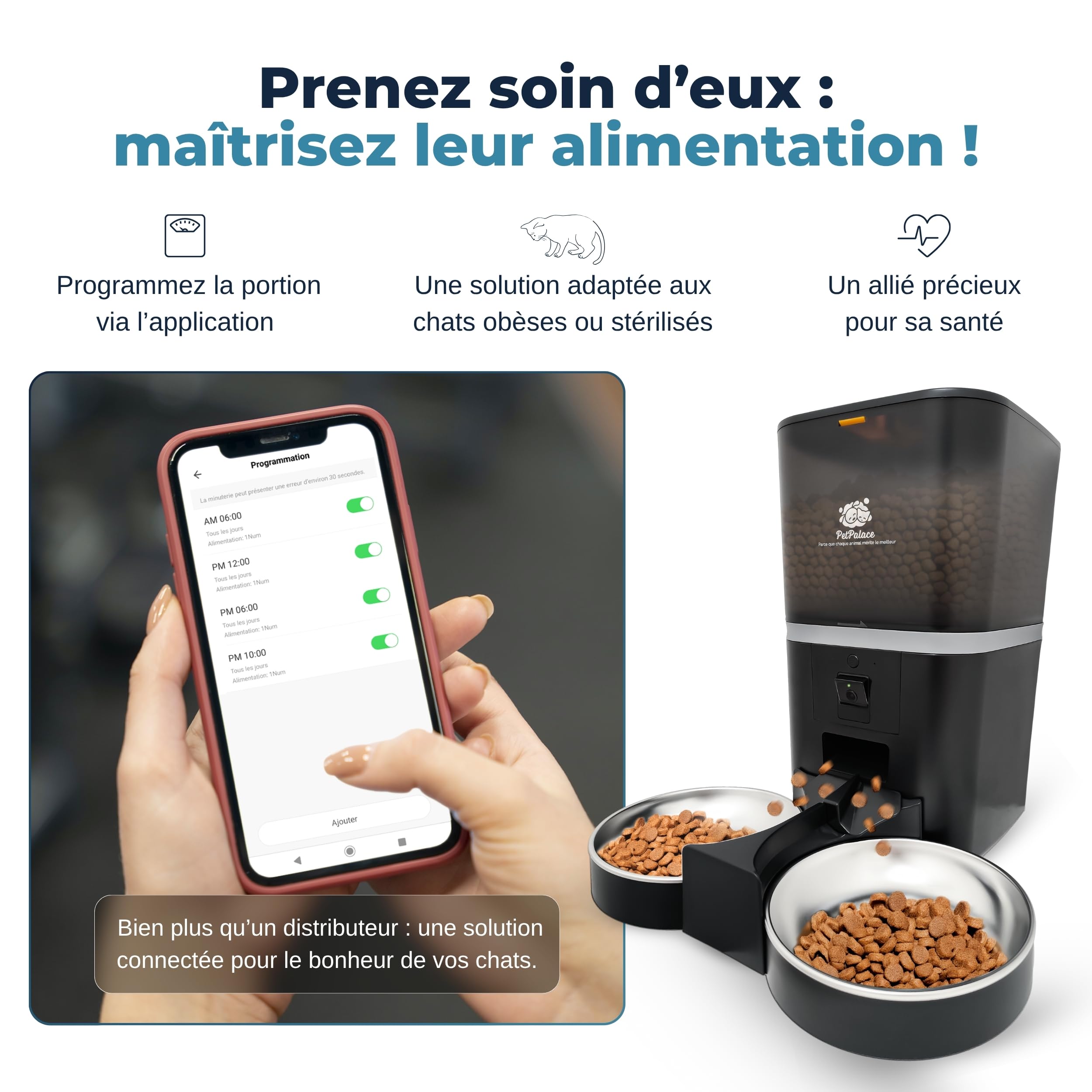 Distributeur croquettes Chat Automatique Double gamelle avec caméra – Nourriture équitable pour 2 Chats ou Plus – Surveillance à Distance – Sérénité pour Vous, Confort pour eux