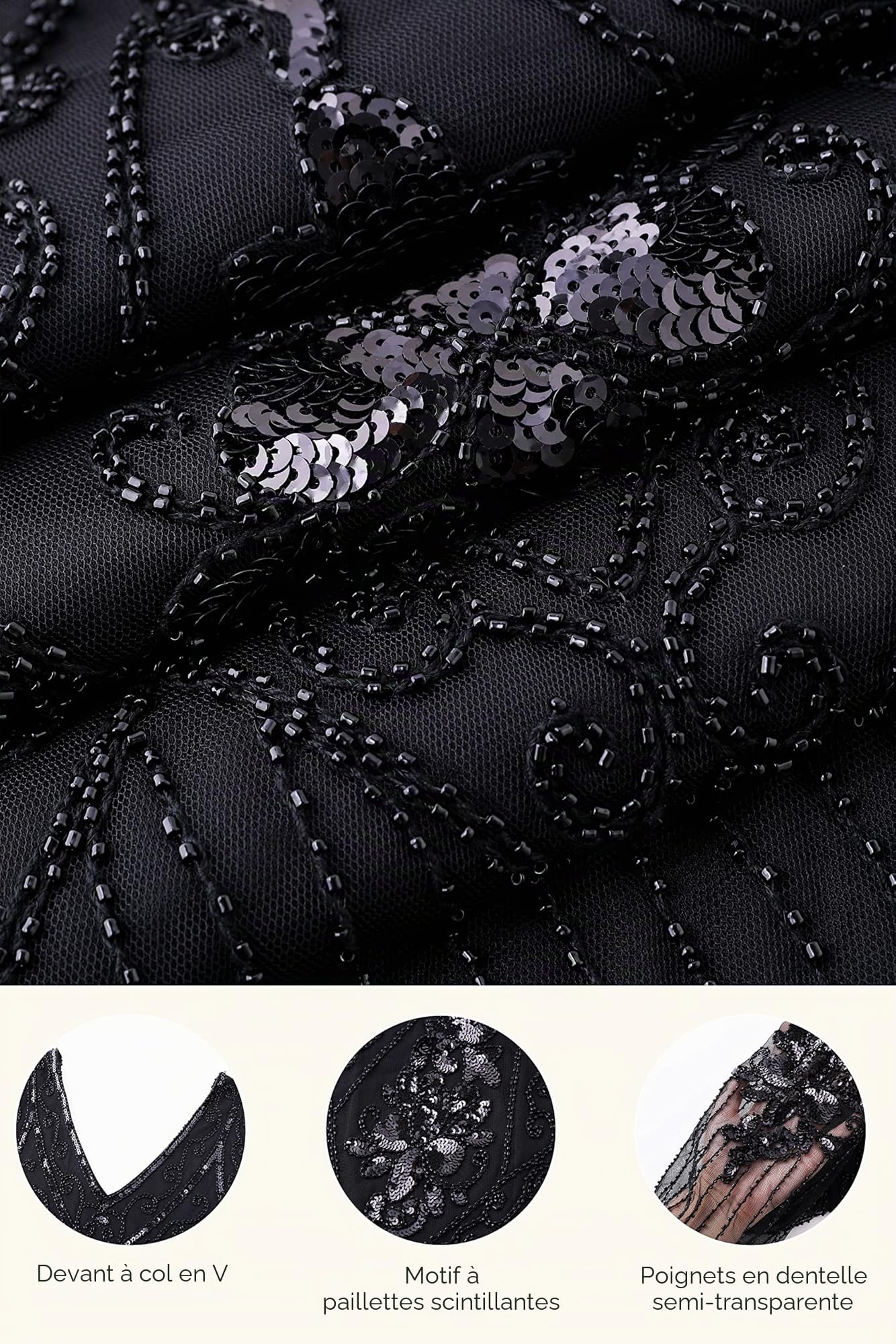 BABEYOND Robe Flapper Soirée Longue Paillette Perlée Gatsby Élégante Vintage Party