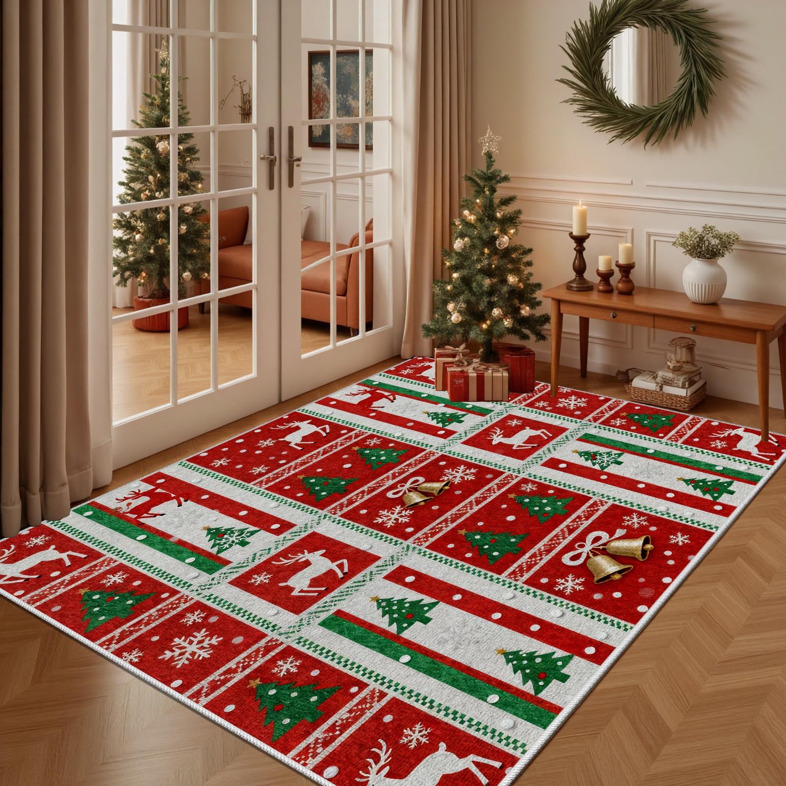 Tapis de Noël pour chambre et cuisine avec motifs carreaux et flocons de neige chaleureux