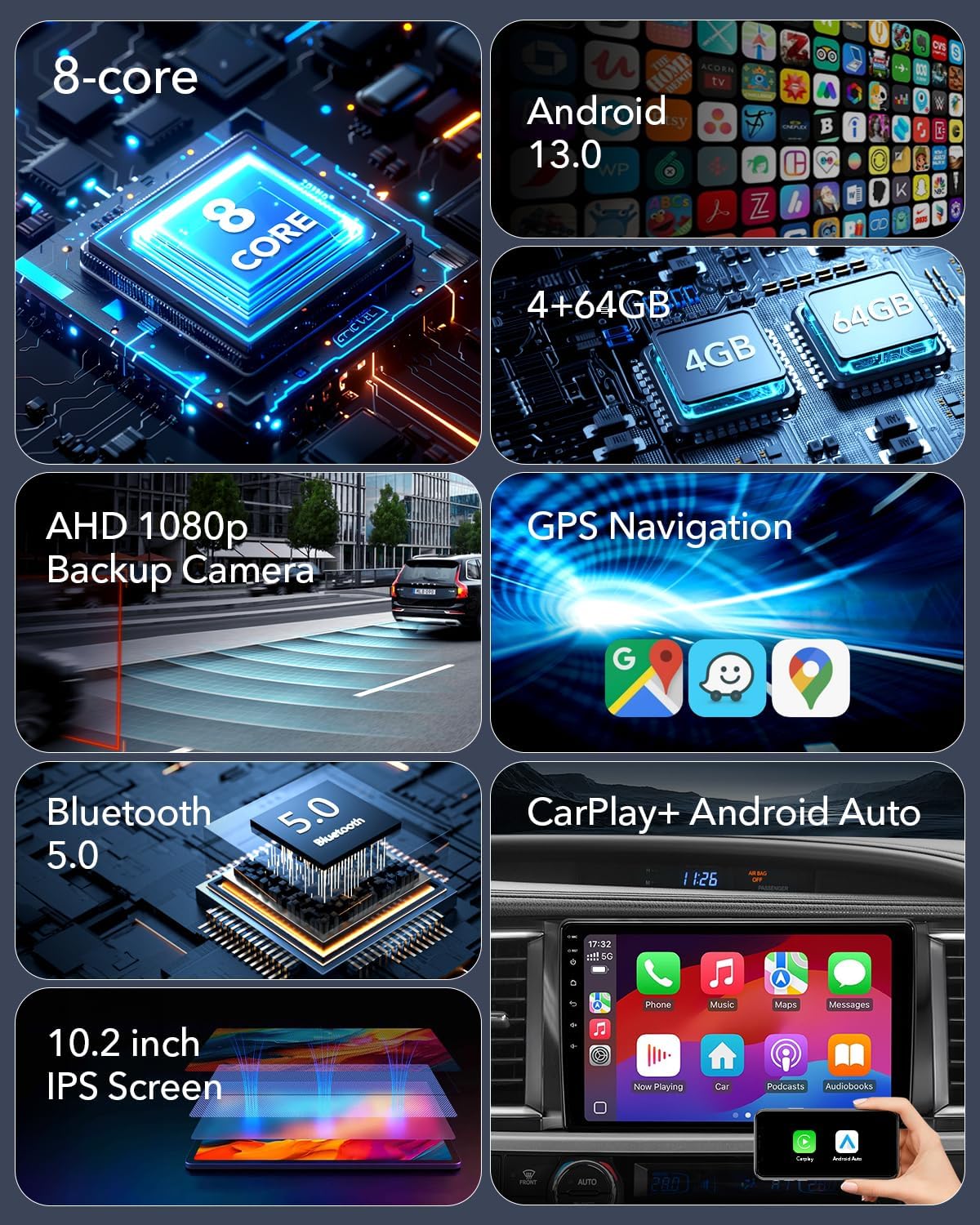 8 Core 4+64GB Car Radio Stereo for 2014-2019 Toyota Highlander Radio Upgrade, Plug and Play Android 13 Head Unit with Wireless Carplay/Android Auto/1080P Rear View Camera/AM FM Radio