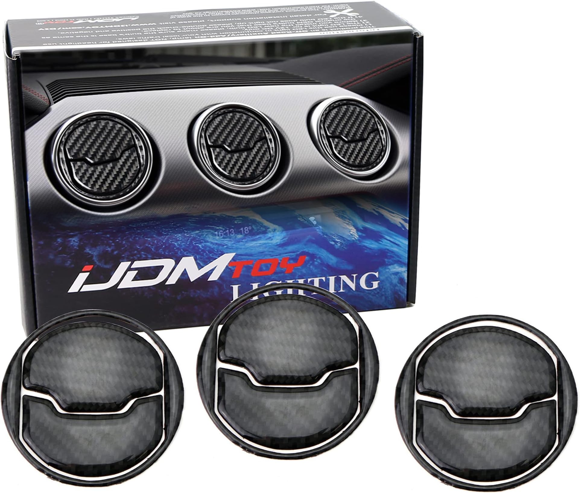 iJDMTOY 3-Set Black Carbon Fiber Overlay Trims Compatible with 2015-2023 Ford Mustang Center Dashboard AC Vent Cover Decoration