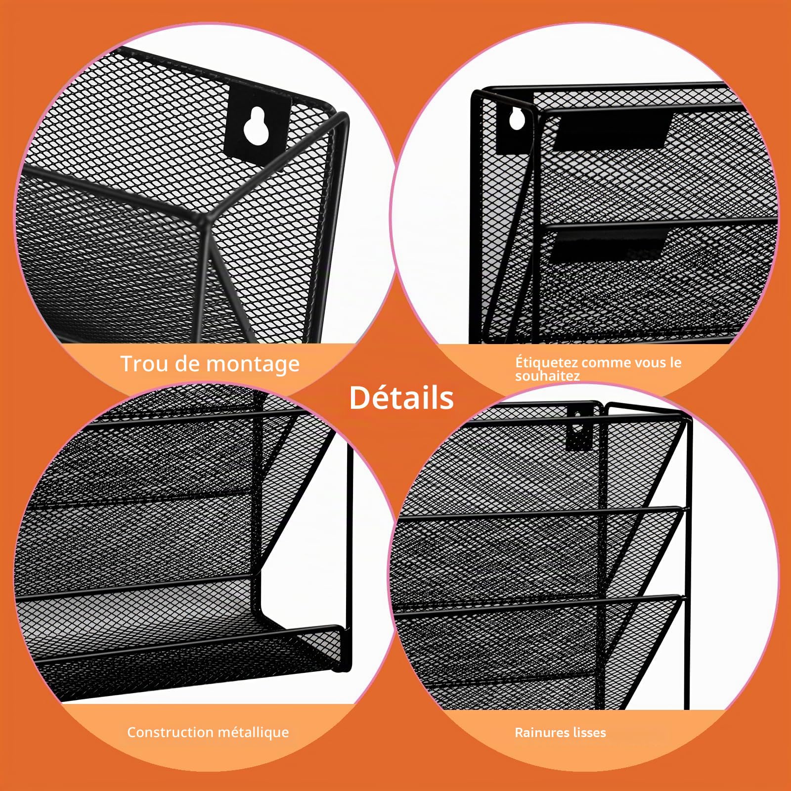 Porte-documents mural à 6 niveaux A4 à suspendre - En maille métallique durable - Porte-revue mural de bureau à 6 niveaux-Organisateur de courrier, Grand Trou de Maille, Noir