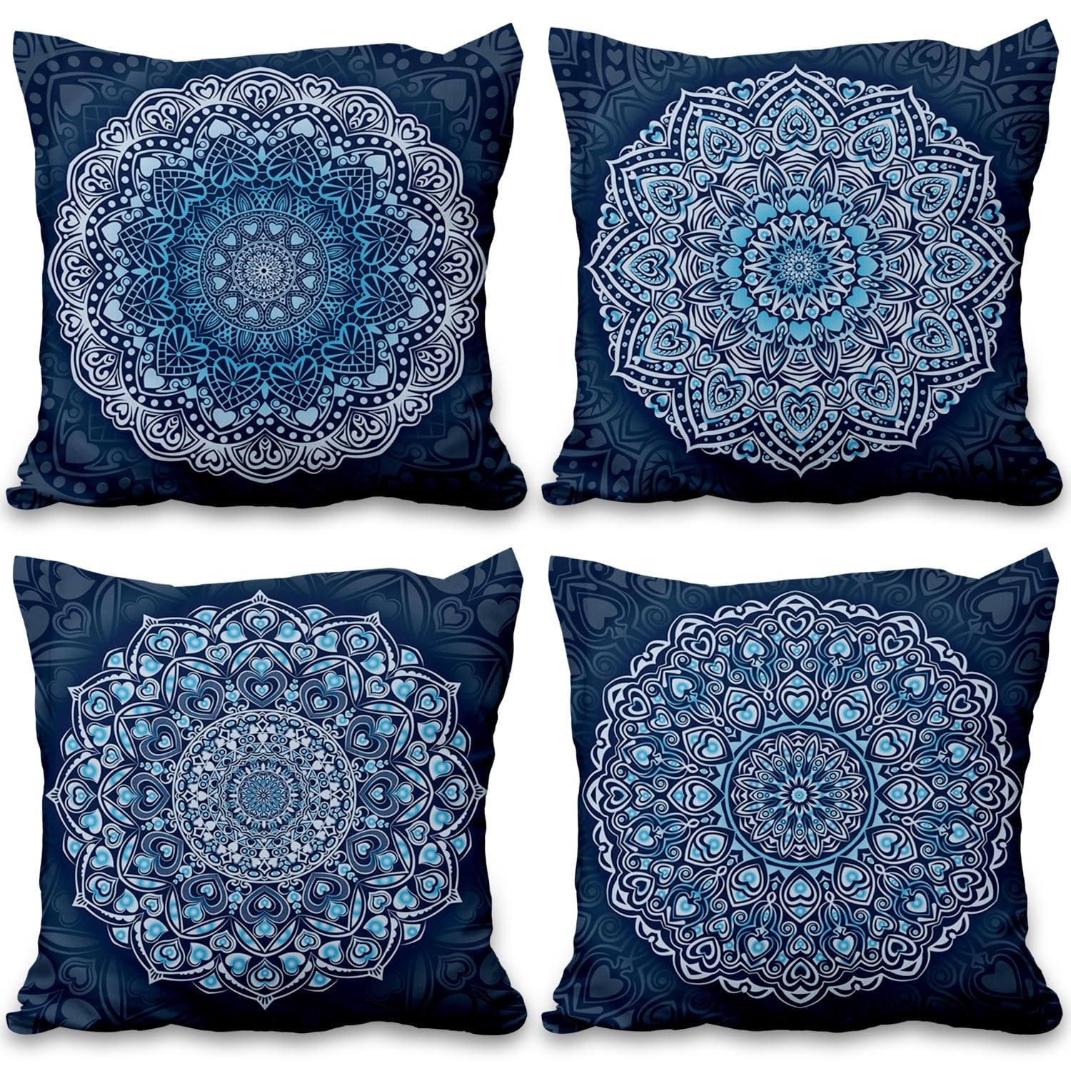 4 Pcs/Set Boho Pillow Covers Bohemian Ethnic Floral Mandala Compass Abstract Vintage Hippie Outdoor Linen Throw Pillow Cases for Couch Sofa Farmhouse Decorative, 20"x20", Blue White