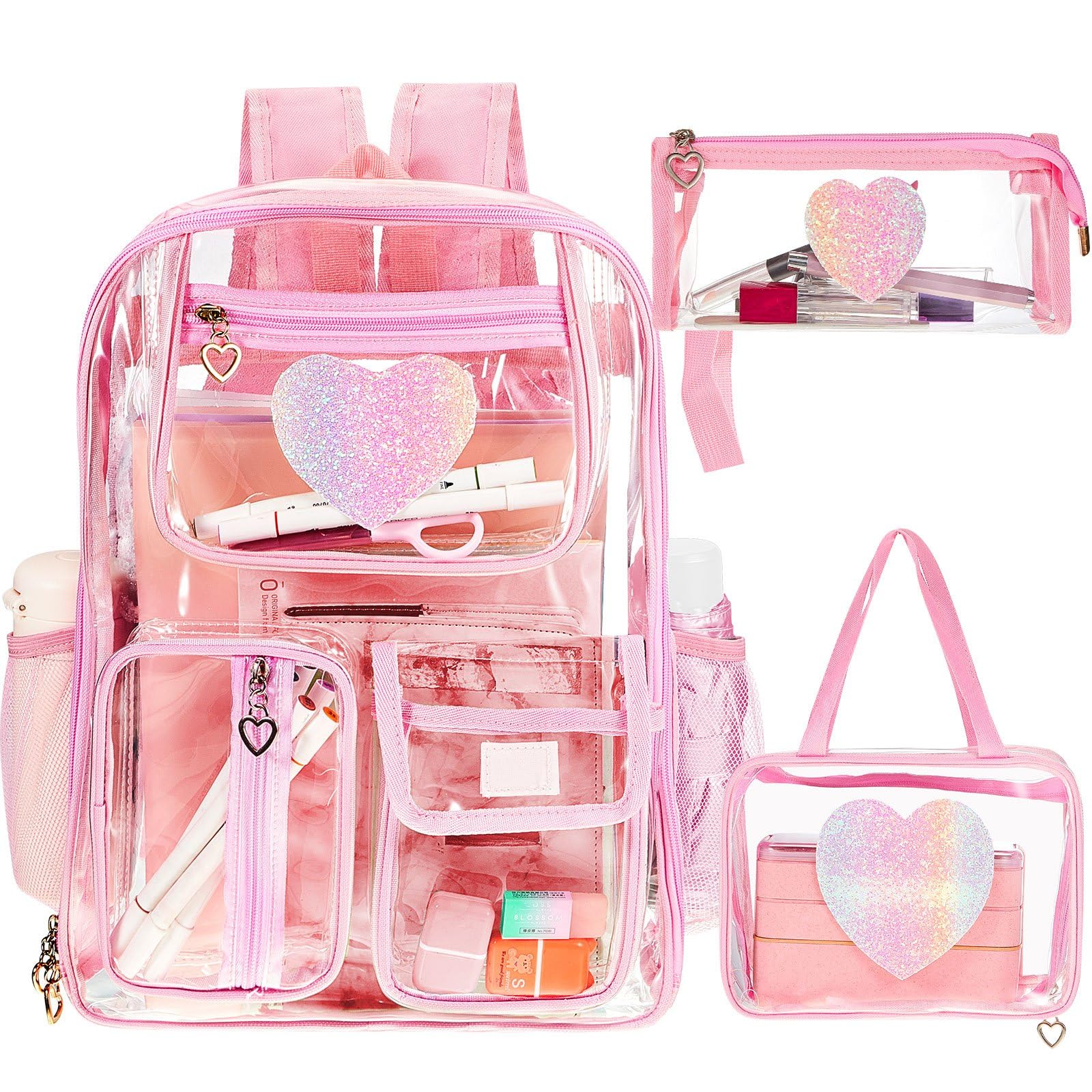 Silkfly 3 Pcs Clear Backpack for Girls, Clear Heavy Duty Bookbag with Lunch Bag & Pencil Case See Through Stadium Approved(Pale Pink,Heart)