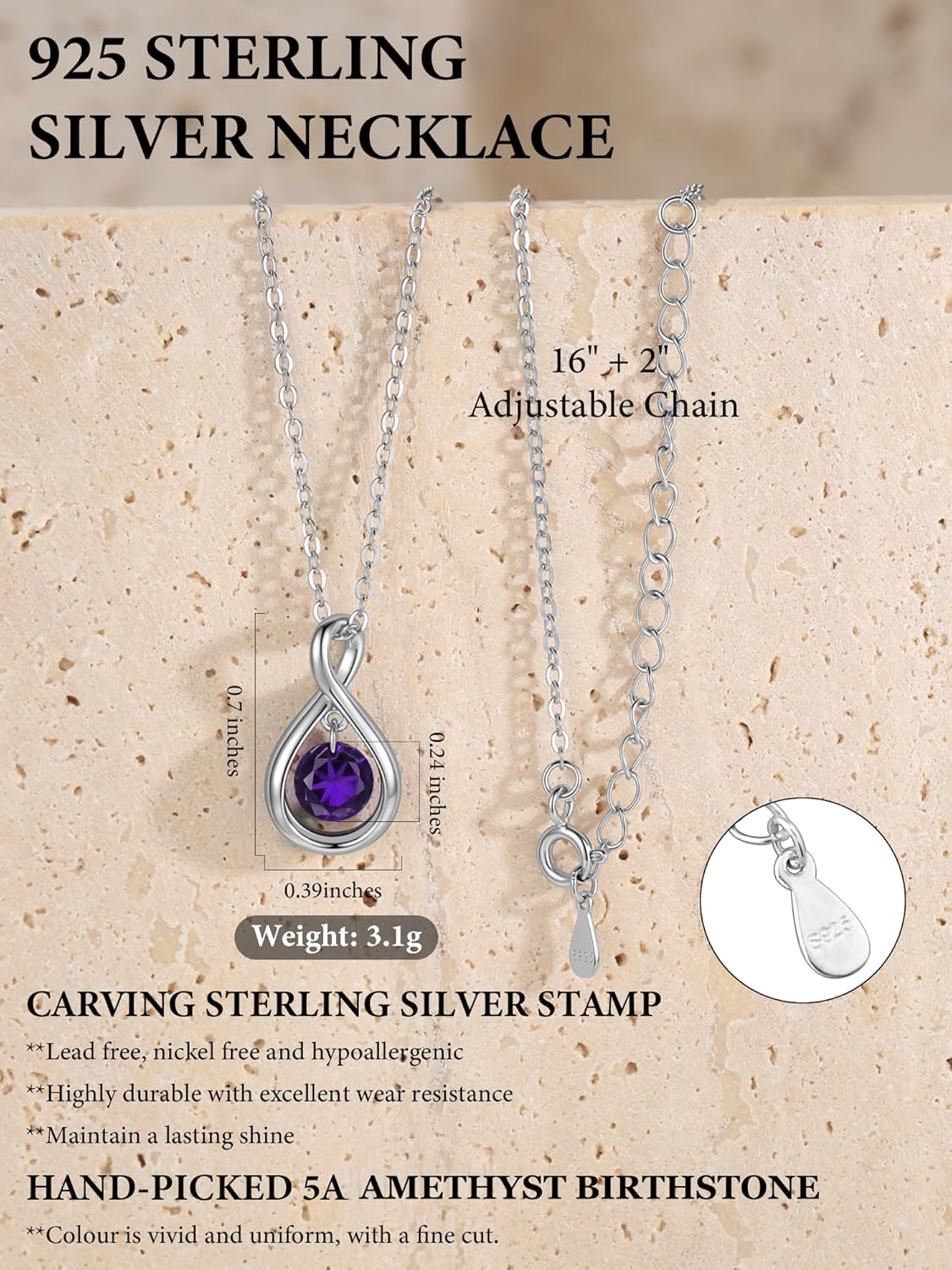 925 Sterling Silver Birthstone Necklace for Women,12 Color Birthstone Infinity Necklace,16"+2" Adjustable Minimalist Dainty Jewelry Gift for Women - Image 2