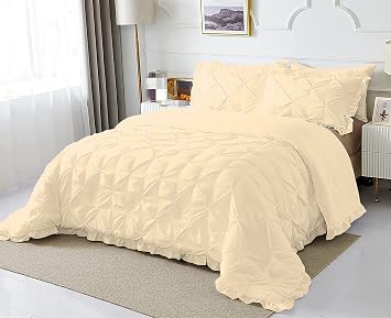 5 PC Edge Ruffle Duvet Cover Set - Palatial King 120x98 Size Ivory 100% Cotton 800 TC with Zipper & Corner Ties Comforter Cover 1 Duvet Cover & 4 Pillowshams