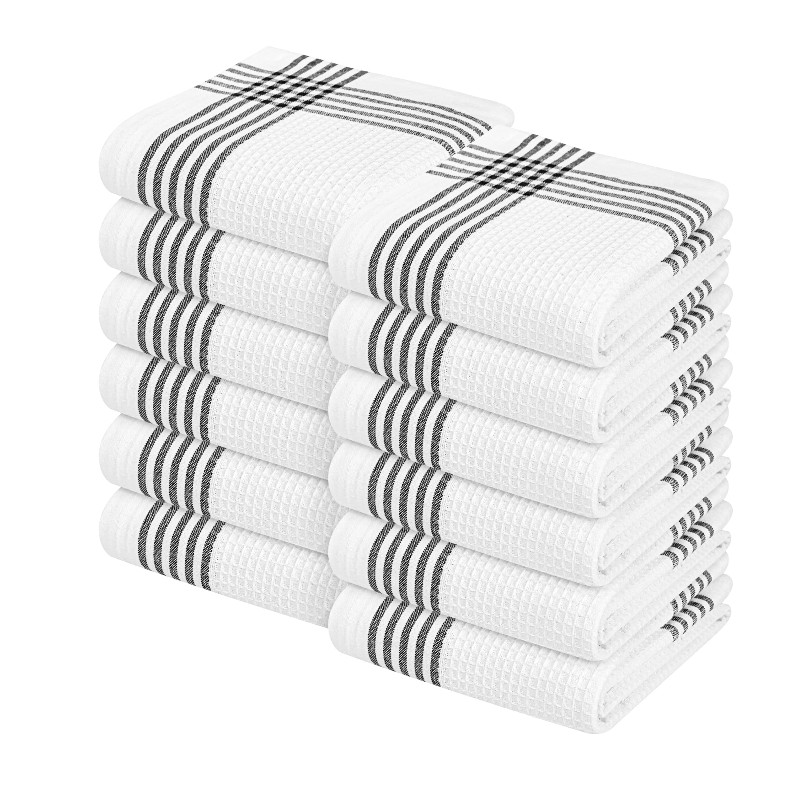 Waffle White &amp; Black 12 Pack Kitchen Dish Towels, 100% Cotton, 16x26 inches, Wash Rags for Drying Dishes, Highly Absorbent, Long Lasting Hand Towels Set for Daily Cooking &amp; Cleaning