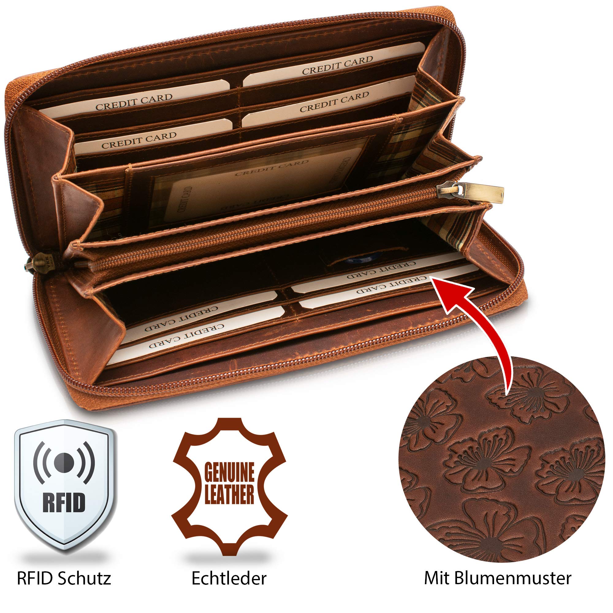 Billetera para Mujer | Grande XXL | Protección RFID | Monedero con Compartimento para Monedas | 12 Compartimentos para Tarjetas | Cartera de Mujer | Caja de Regalo | Marrón Oscuro Natural