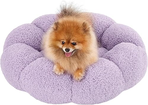Lesure - Cama calmante para perros pequeños, cama redonda y esponjosa con forma de dona de flores para cachorros en sherpa de peluche, camas