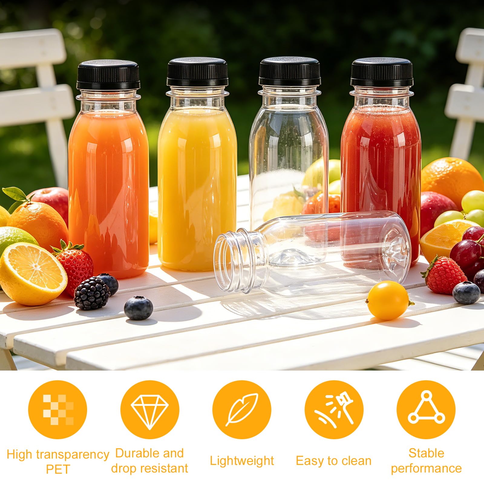 Lot de 16 bouteilles vides réutilisables de 200 ml - En plastique - Avec couvercles - Bouteilles de lait transparentes avec 5 autocollants à fruits - Bouteilles vides en plastique à remplir pour