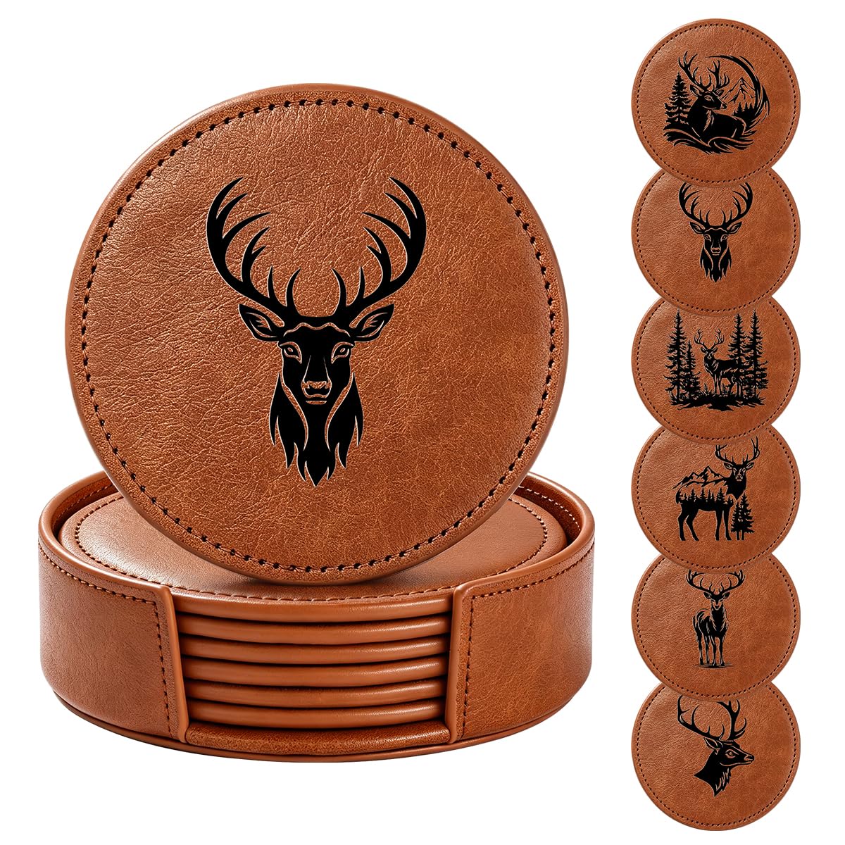 Stag Coasters Set of 6 with Holder, Rustic Leather Drink Mats for Coffee