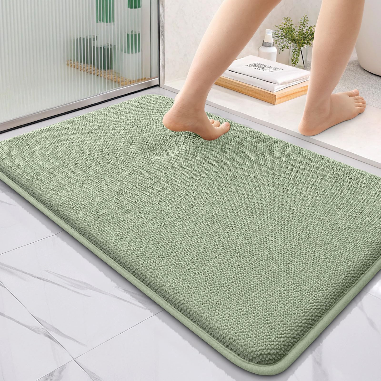OLANLY Thick Memory Foam Bathroom Rug 35x24, Absorbent Bath Mat, Sage Green
