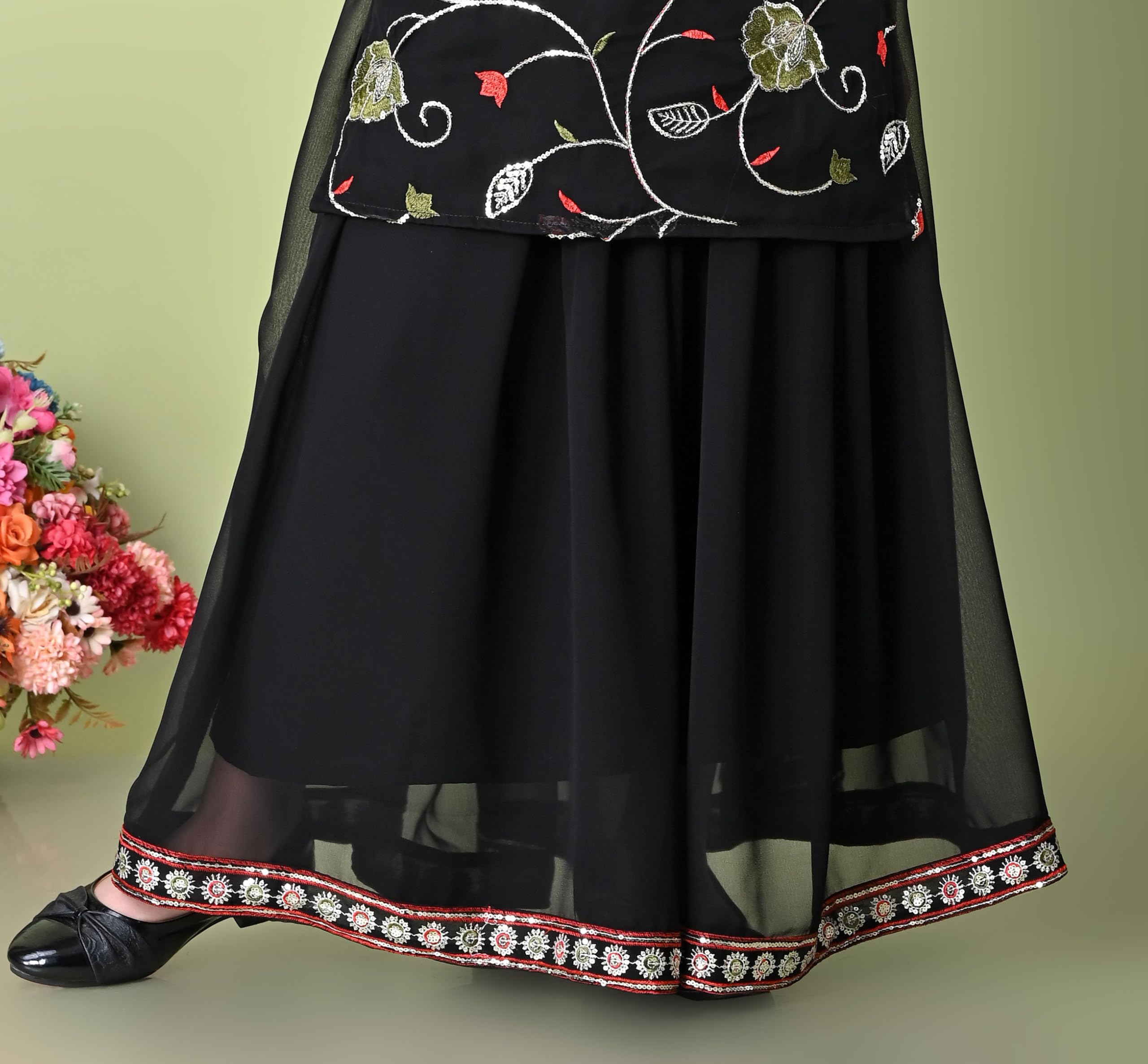 SPAMitude - Georgette Embroidery Sequin Kurta, Skirt and Dupatta Set for Girls – Ethnic Party Dress I Birthday Trendy Classic Outfit I Square Neck Sleeveless (BLACK, 10-11 YEARS) - Image 4 thumbnail