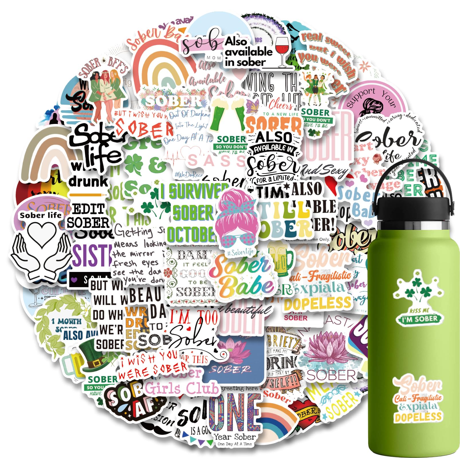 100Pcs Sober Stickers, Vinyl Sobriety Stickers Decals for Laptop Water Bottle Bumper Luggage Computer Skateboard Snowboard. Gift for Kids Girls Teens