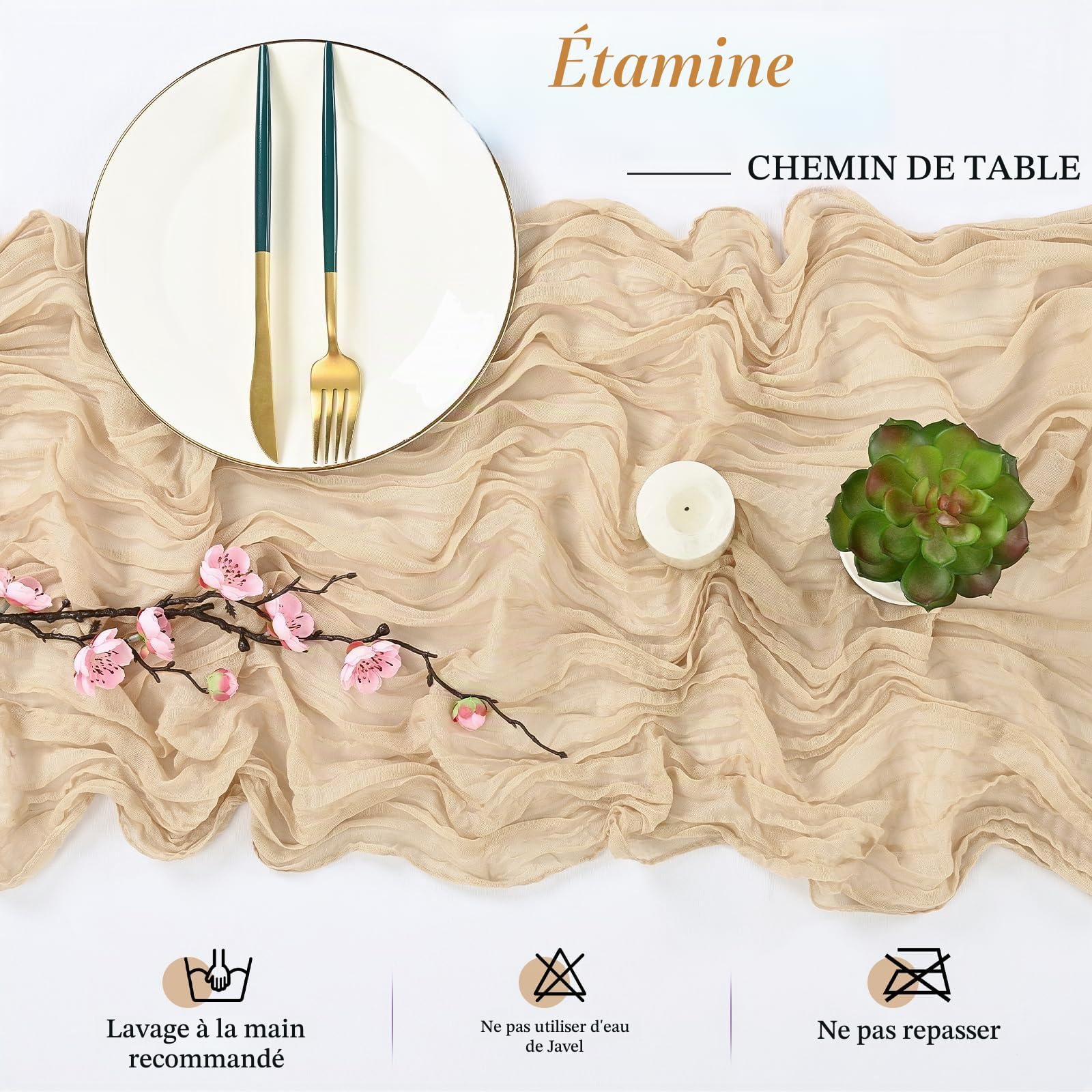 Lot de 12 Chemins de Table en étamine Chemin de Table Bohème en Gaze de 55 x 300 cm, Chemin de Table Rustique et Romantique pour fête de Mariage Thanksgiving décoration de Noël (Beige)