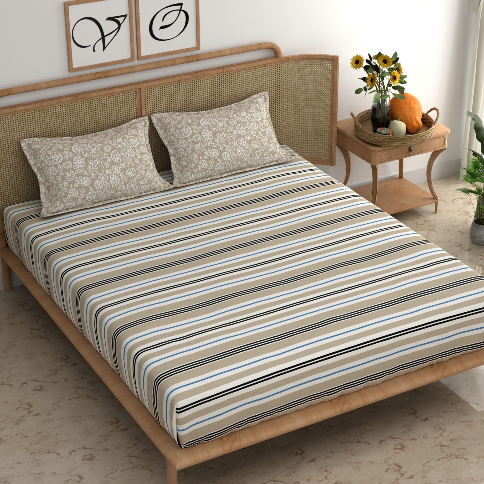 CHHAVI INDIA Mixed & Matched Collection 210 TC King Co-ordinated Bedsheet Set (100 * 108 Inches) (Sand Color Stripe Printed Bedsheet & Sand Color Floral Printed Pillow Cover) (B0CPBY7S4M) Amazon Price History, Amazon Price Tracker