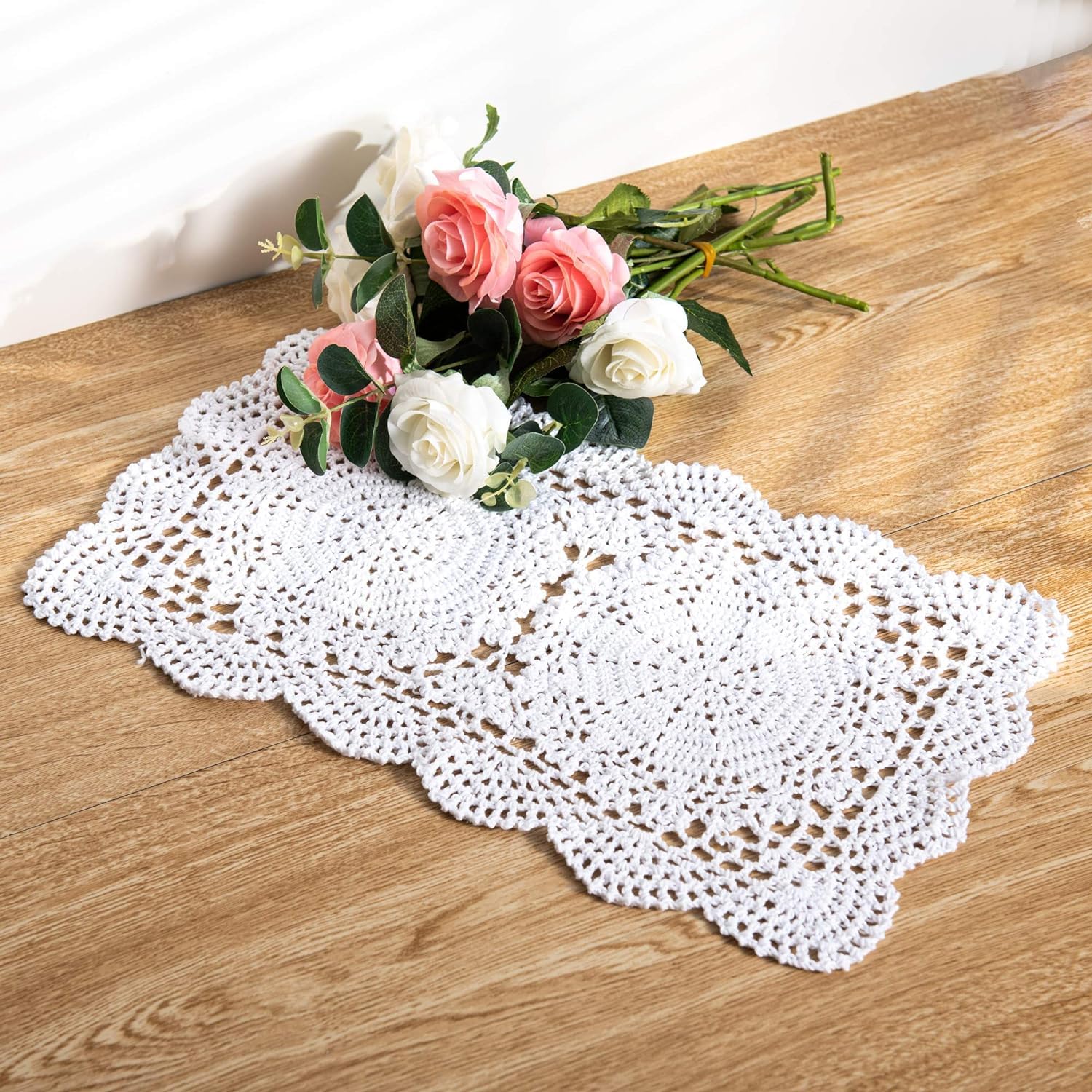 Feyarl 2 Pcs Rectangle Doilies Handmade Crochet Cotton Table Doilies Lace Table Placemats Coaster 10.5x17inch (White)