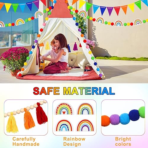 Miniatura 3 de Sumind Guirnalda de borlas de arco iris, guirnalda bohemia con pompones, guirnalda de bolas de fieltro de arco iris, guirnalda de dulces coloridos