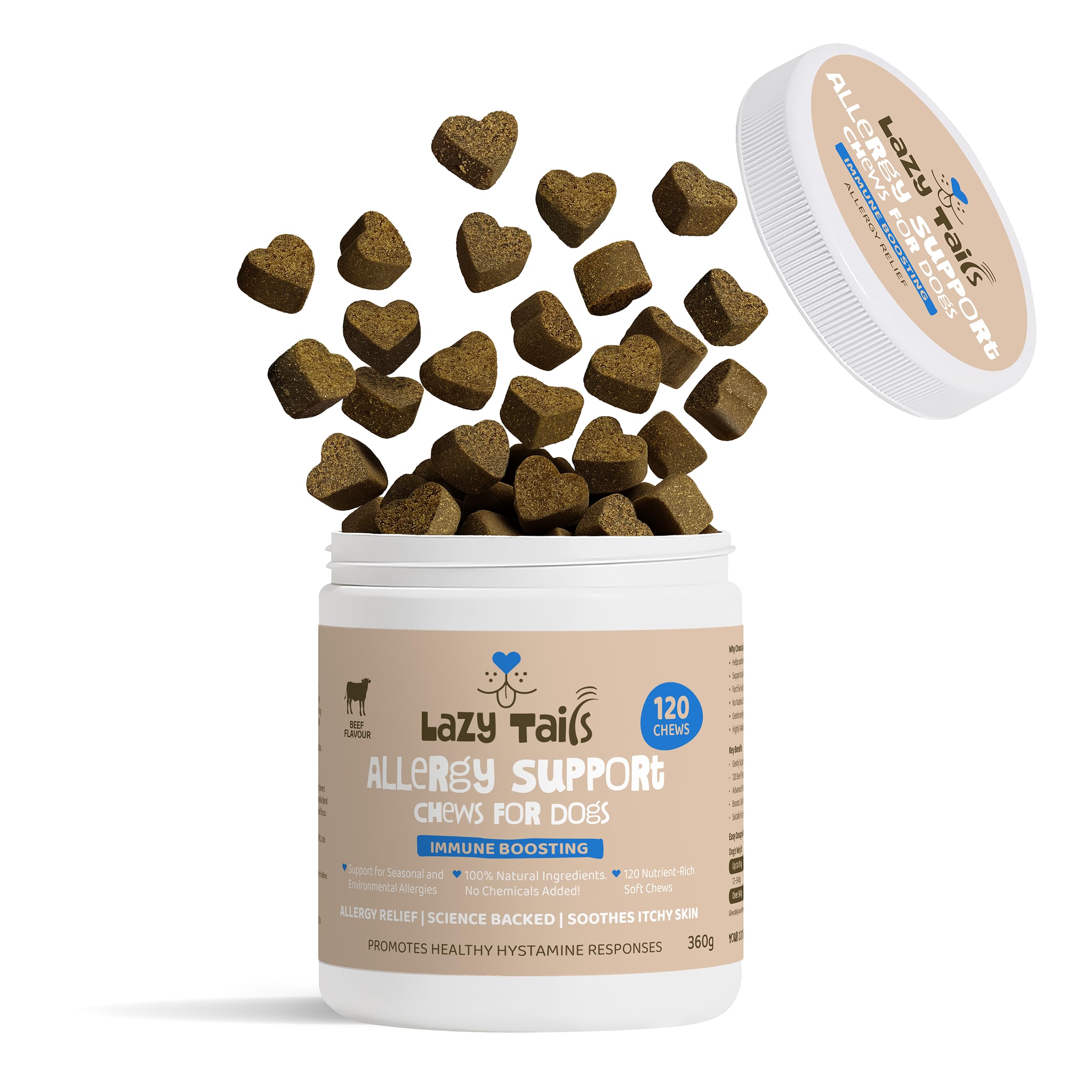 LAZY TAILS All Itch and Immunity Treats for Dogs - 120 Soft Dog Chews - Soothes Itchy Skin, Paws, Ears - Stop Scratching & Licking - Beef Flavor - Allergy Support Dog Treats for All Breeds & Sizes