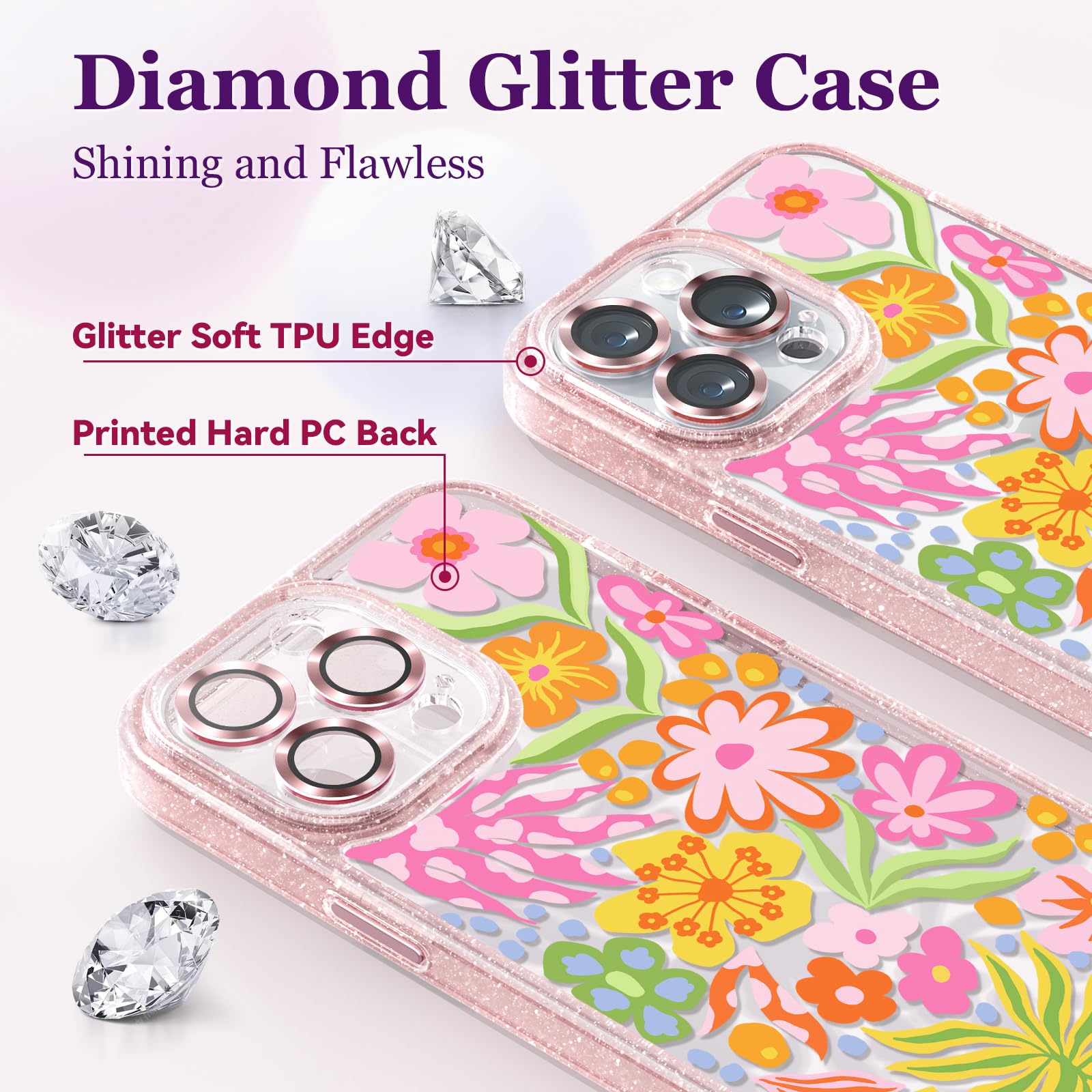 Funda compatible con iPhone 13 Pro Max, bonita estética, funda rosa con purpurina y protector de cámara, diseño femenino de flor de la pasión para mujer y niña de 6.7 pulgadas