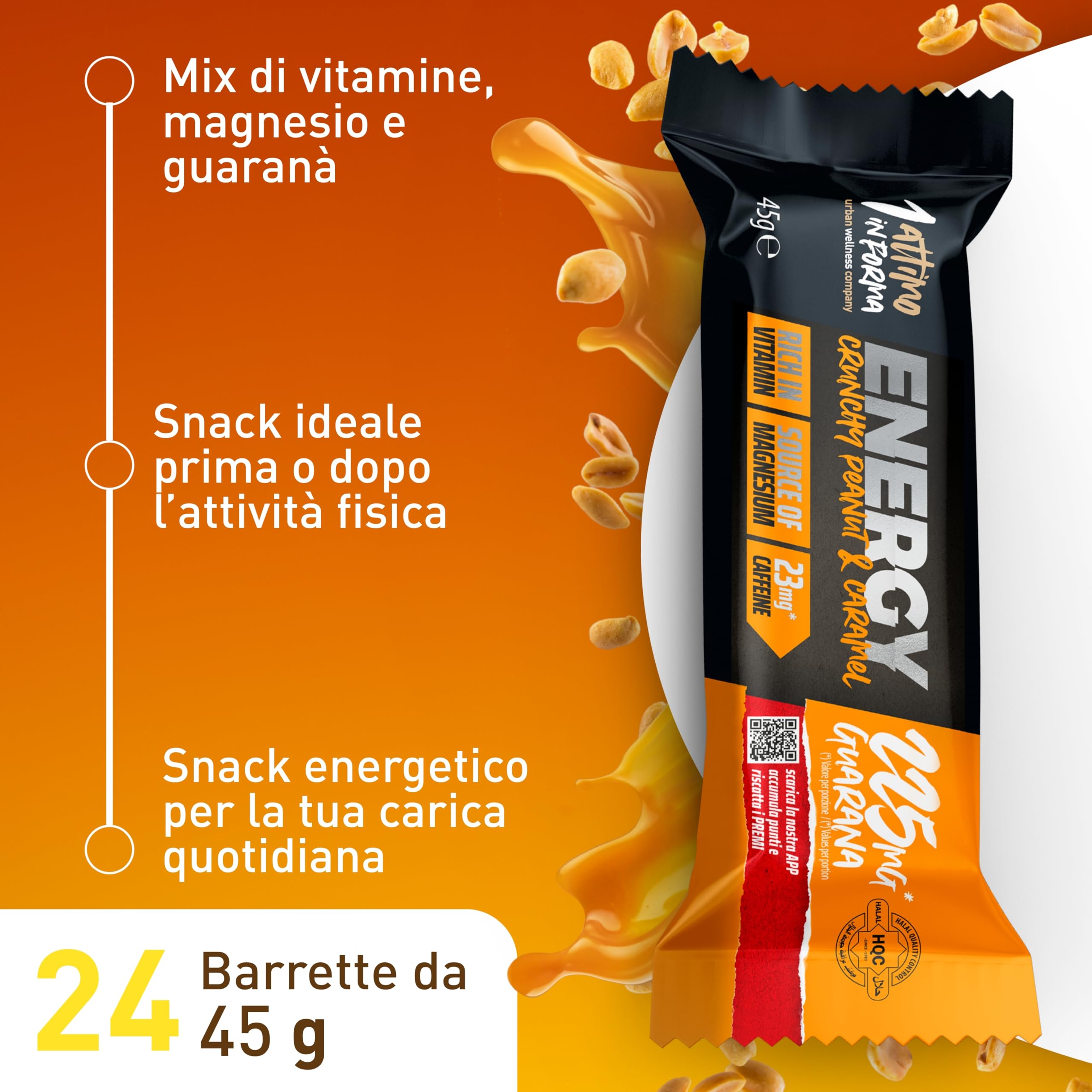 1 ATTIMO IN FORMA Barrette Energetiche Crunchy 24x45g Cioccolato al Latte, Arachidi e Caramello, Barretta Energetica con Magnesio, Vitamine e Guarana Barrette Cioccolato per Sport e Ciclismo