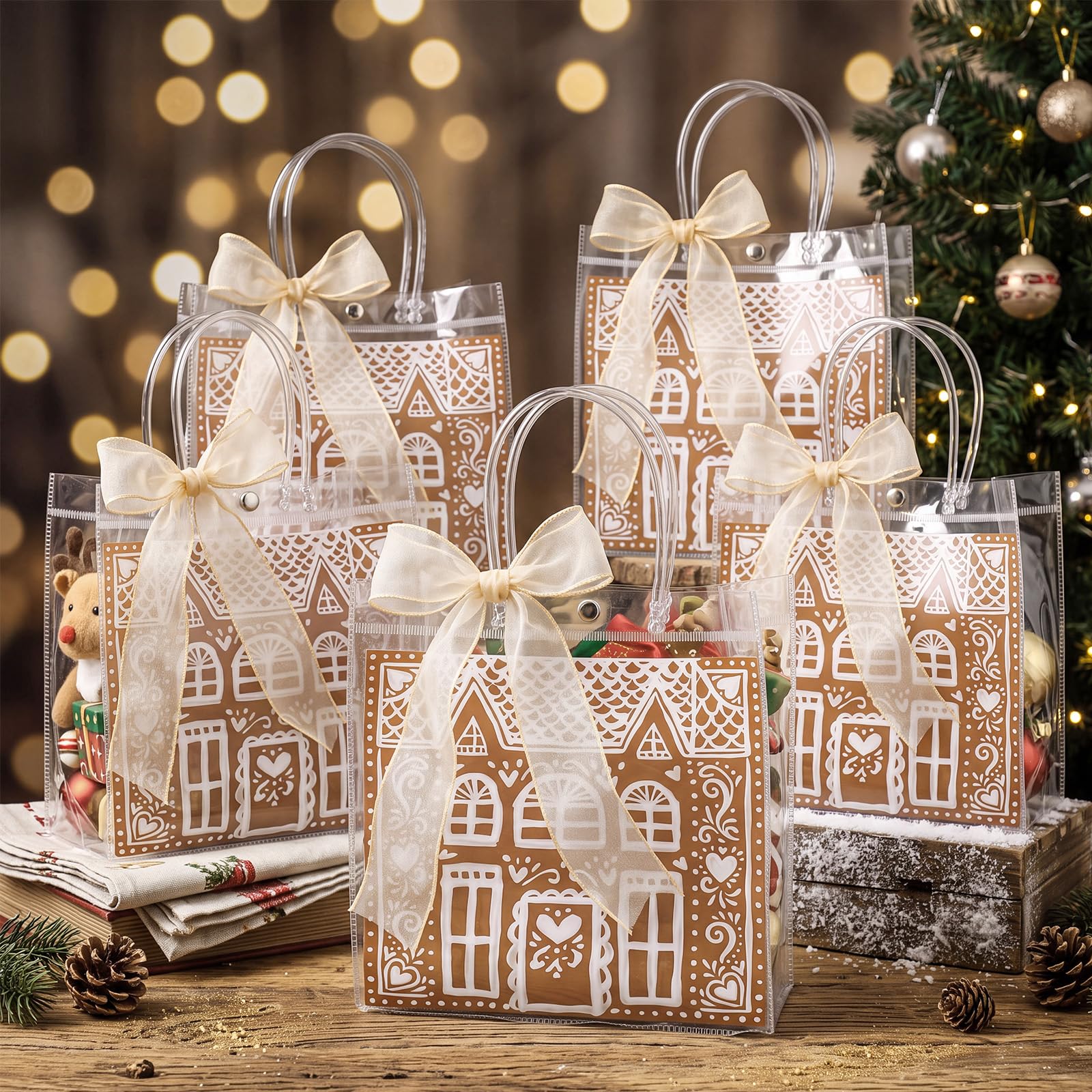 Motipuns 24 sacchetti regalo natalizi in PVC trasparente con manici e nastro in organza dorato, per bomboniere, design a casa di pan di zenzero, riutilizzabili, in plastica trasparente, sacchetti per