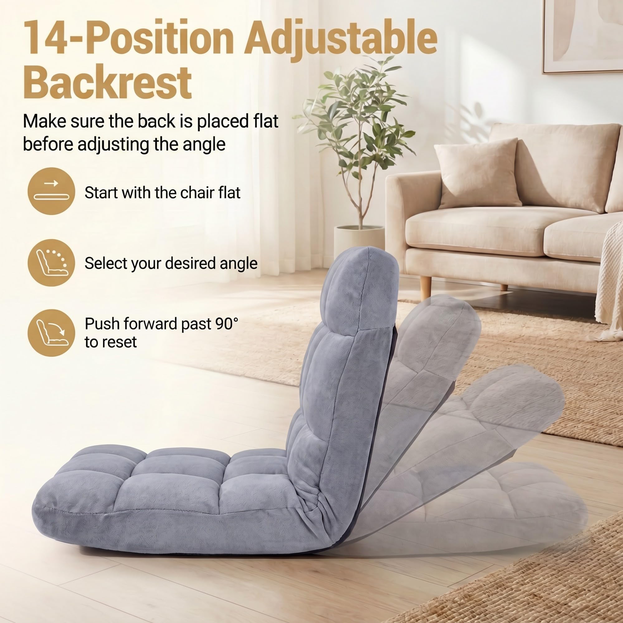RELAX4LIFE Bodenstuhl Klappbar, Bodensessel mit Verstellbarer Rückenlehne & Liegefunktion, Relaxsessel faltbar, Bodensitz gepolstert, Meditationsstuhl, Floor Chair für Zuhause & Freizeit (Grau)