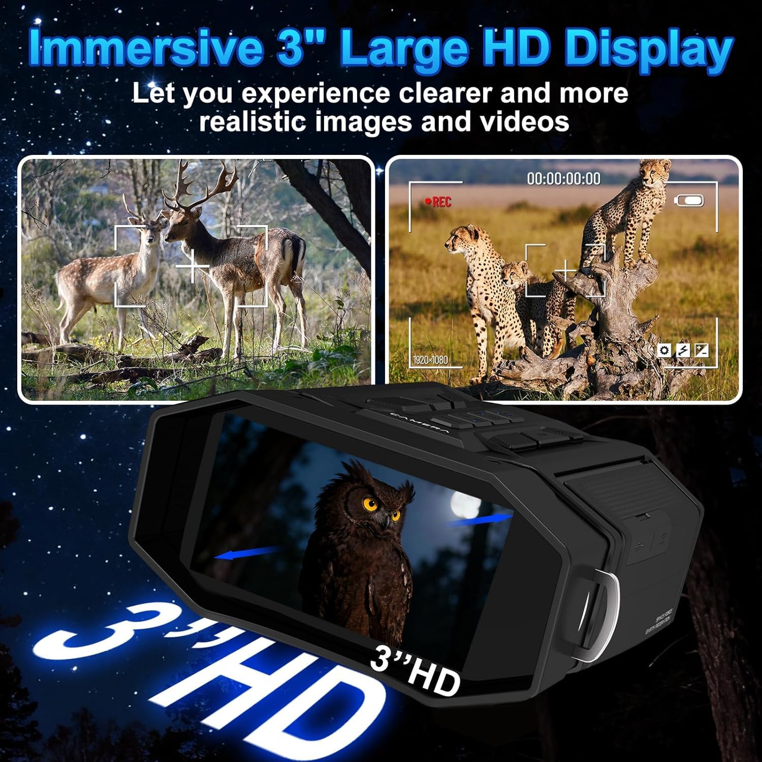Lunettes de vision nocturne, zoom 8x, IR 7 niveaux, batterie rechargeable de 4000 mAh, écran HD de 3", carte blanche de 32 Go pour enregistrer des photos et des vidéos, 330 m pour la chasse, le