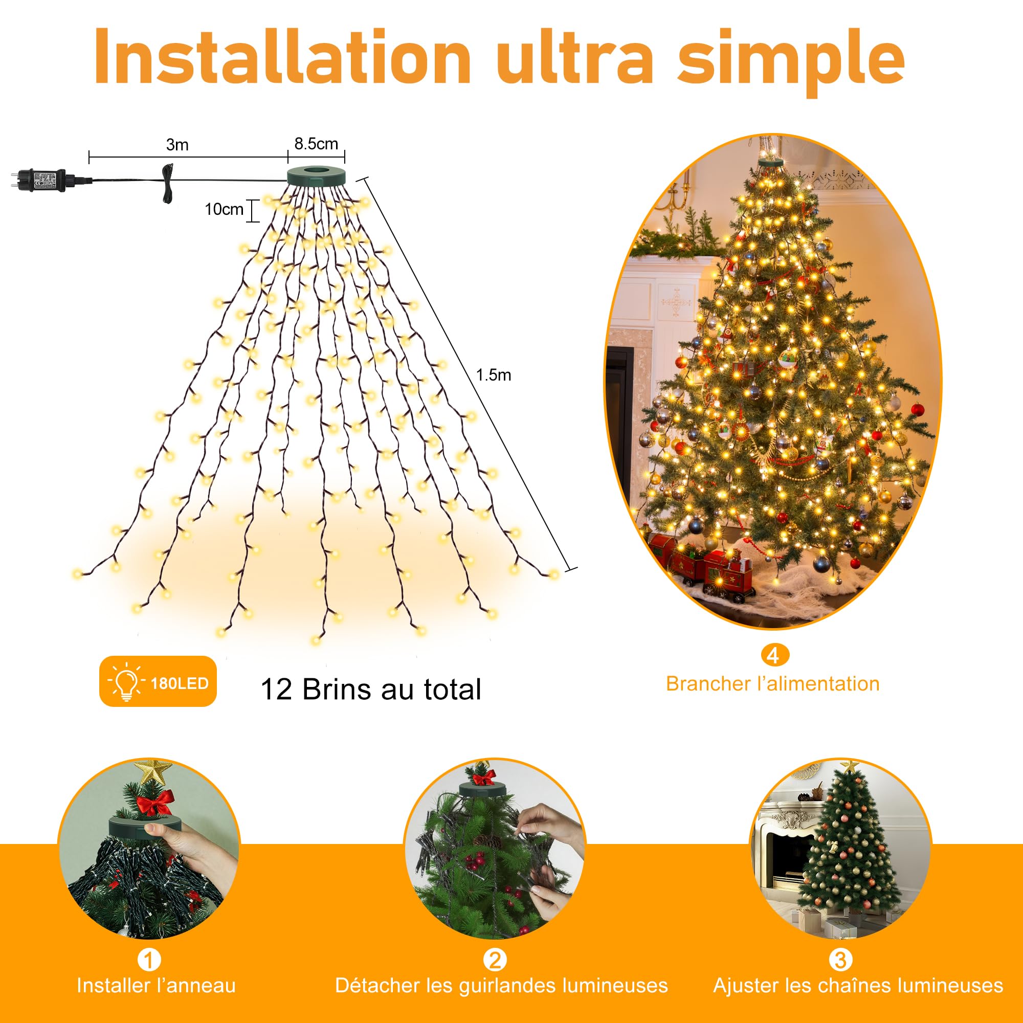 HeiPard Guirlande lumineuse pour sapin de Noël avec anneau, 3m 360 LED, 12 fils, minuterie, 8 modes d'éclairage, étanche, Noël intérieur/extérieur pour sapins de 240cm-350cm, blanc chaud