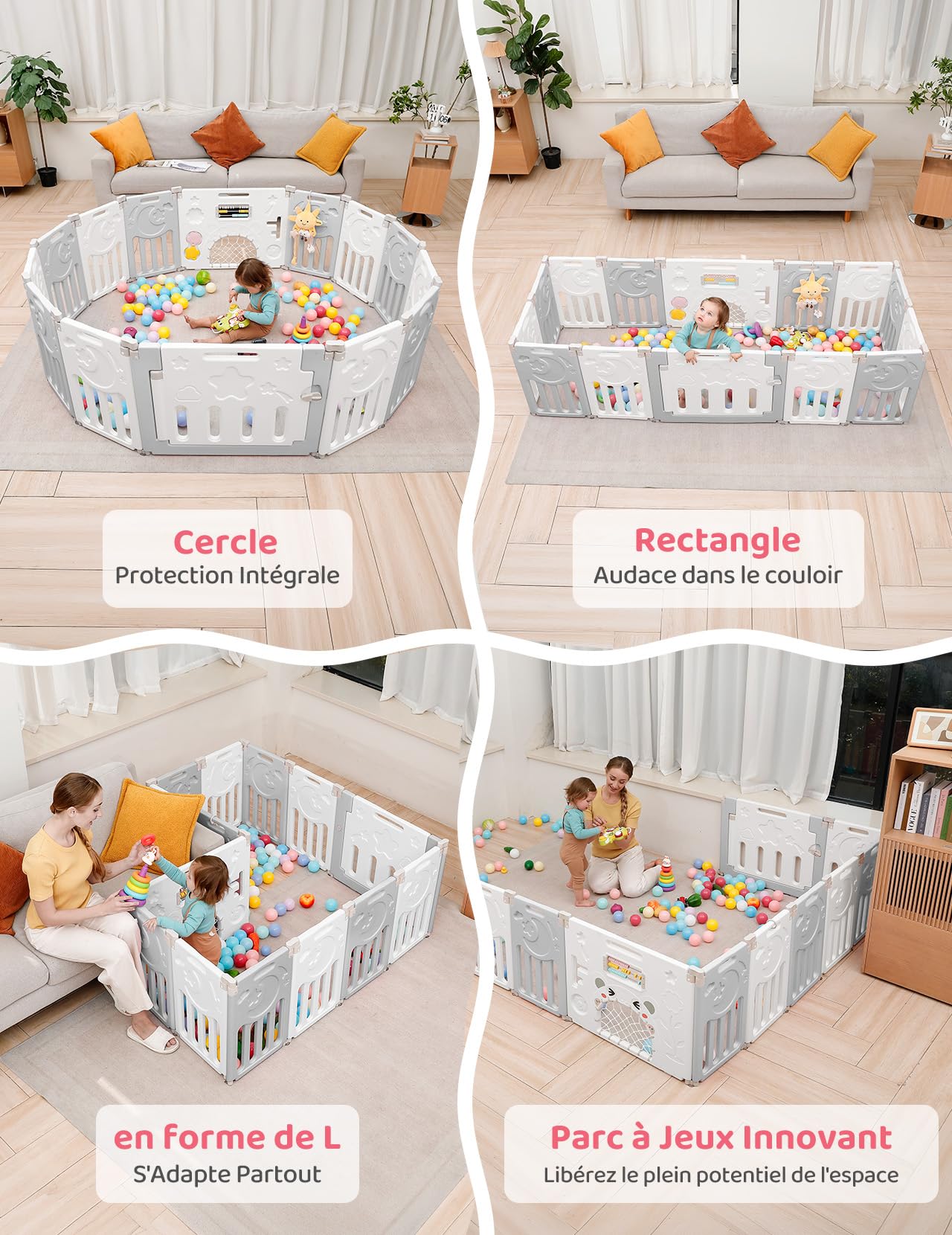 Dripex Parc bebe modulable plastique, panneau pour parc bebe modulable, 2 panneaux, Gris et blanc