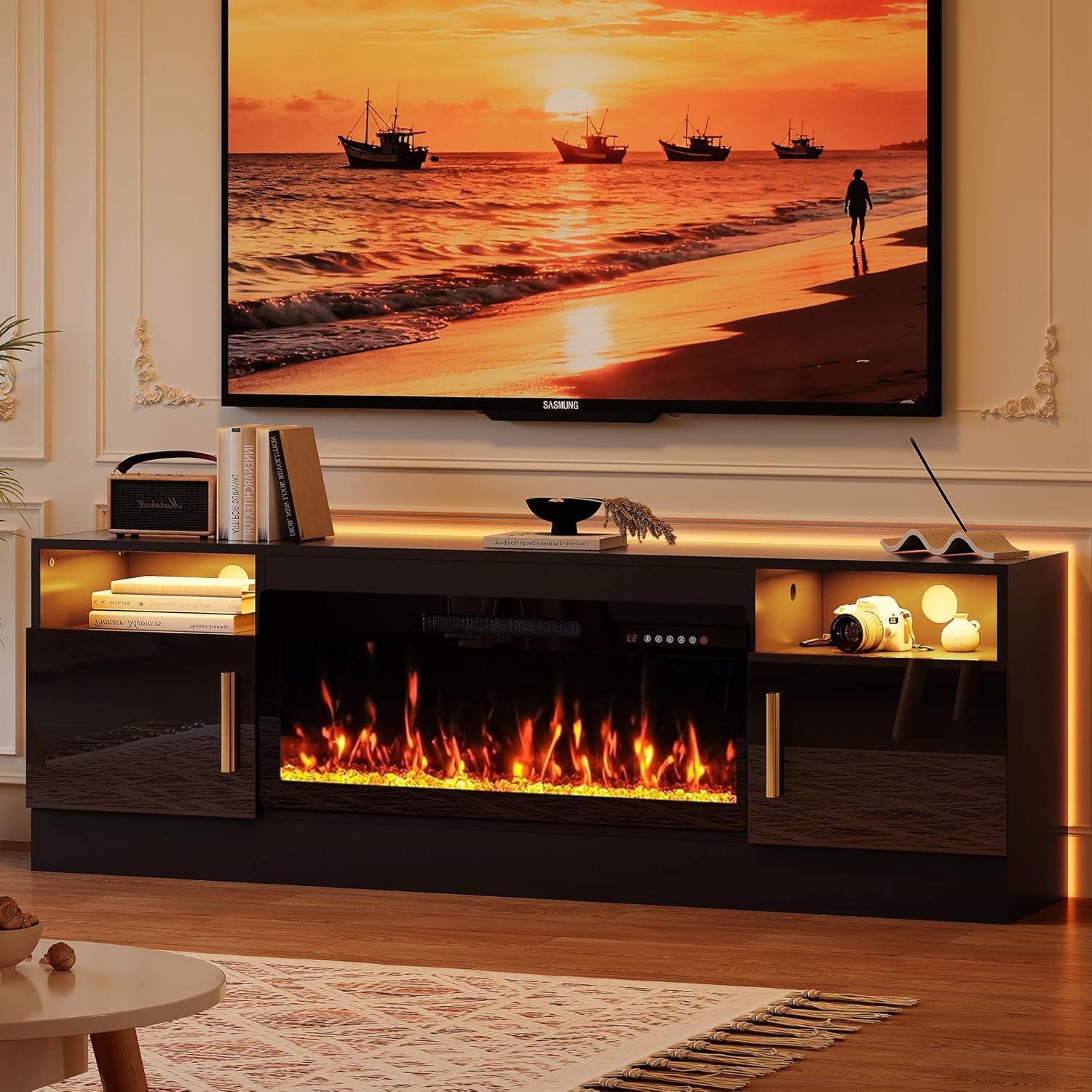 Fireplace TV Stand with 36’’ Electric Fireplace, 70'' TV Media Entertainment Center with Fireplace Up to 80 inch,Modern LED TV Console for Living Room (Black with Black Fireplace)