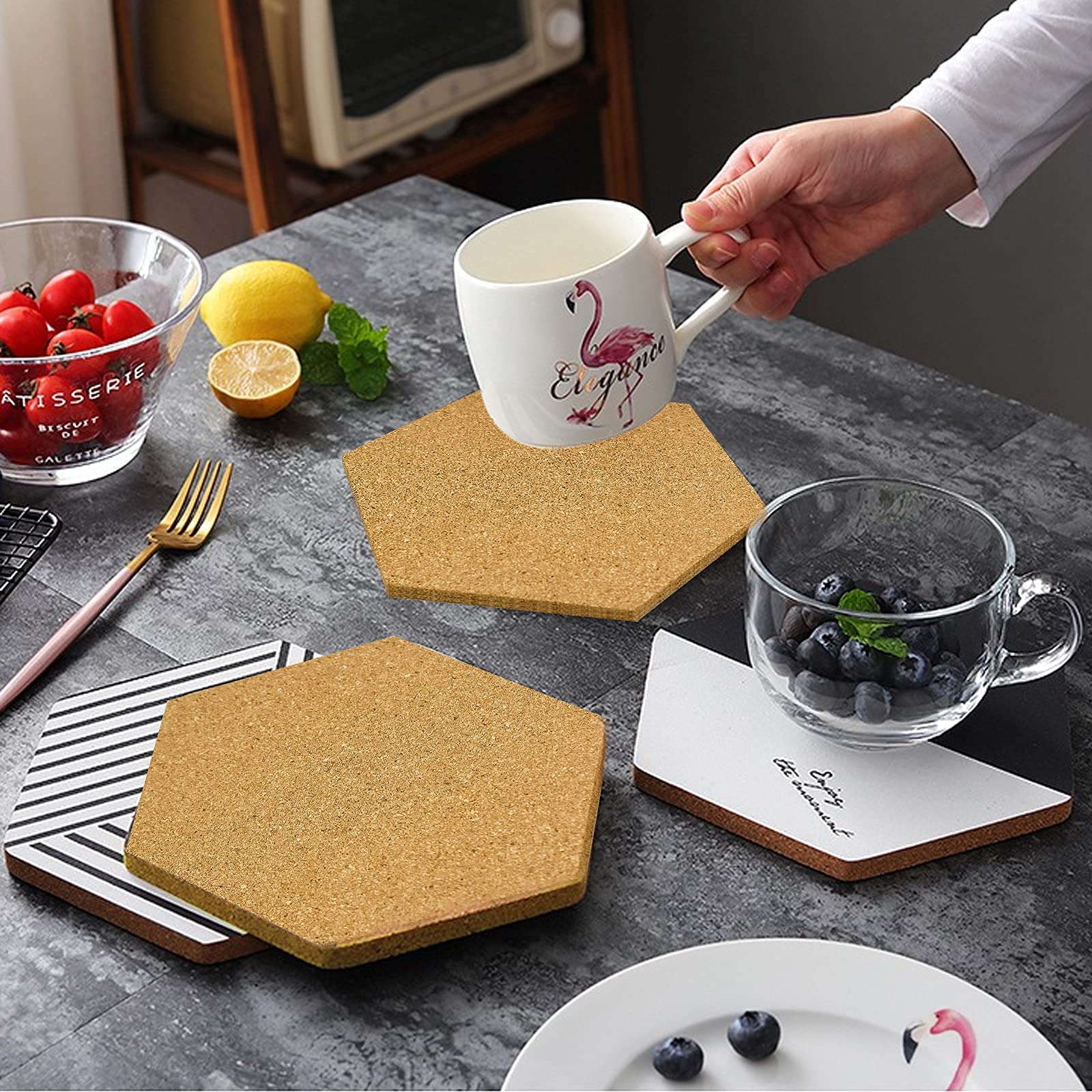 10 paneles de corcho autoadhesivos, tablón de anuncios de corcho hexagonal con 20 chinchetas para colgar fotos, decoración de pared