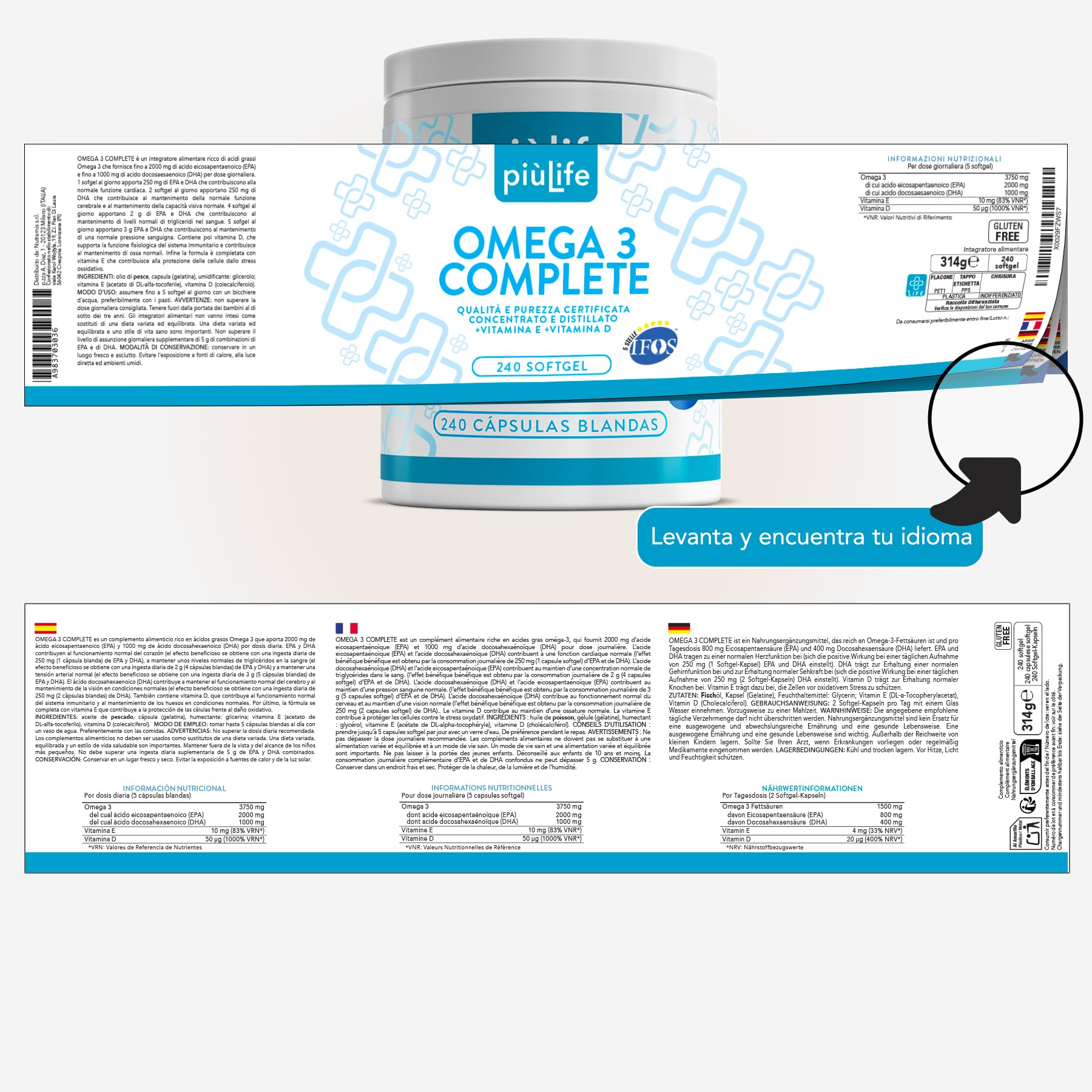 Omega 3 IFOS Certificado Con Vitamina D3 2000 UI PiùLife, 240 Omega 3 Capsulas Blandas, Aceite De Pescado 2000mg Epa Y 1000mg Dha Por Dosis, Fish Oil Triglicéridos, Corazón, Vista, Huesos Y Cerebro