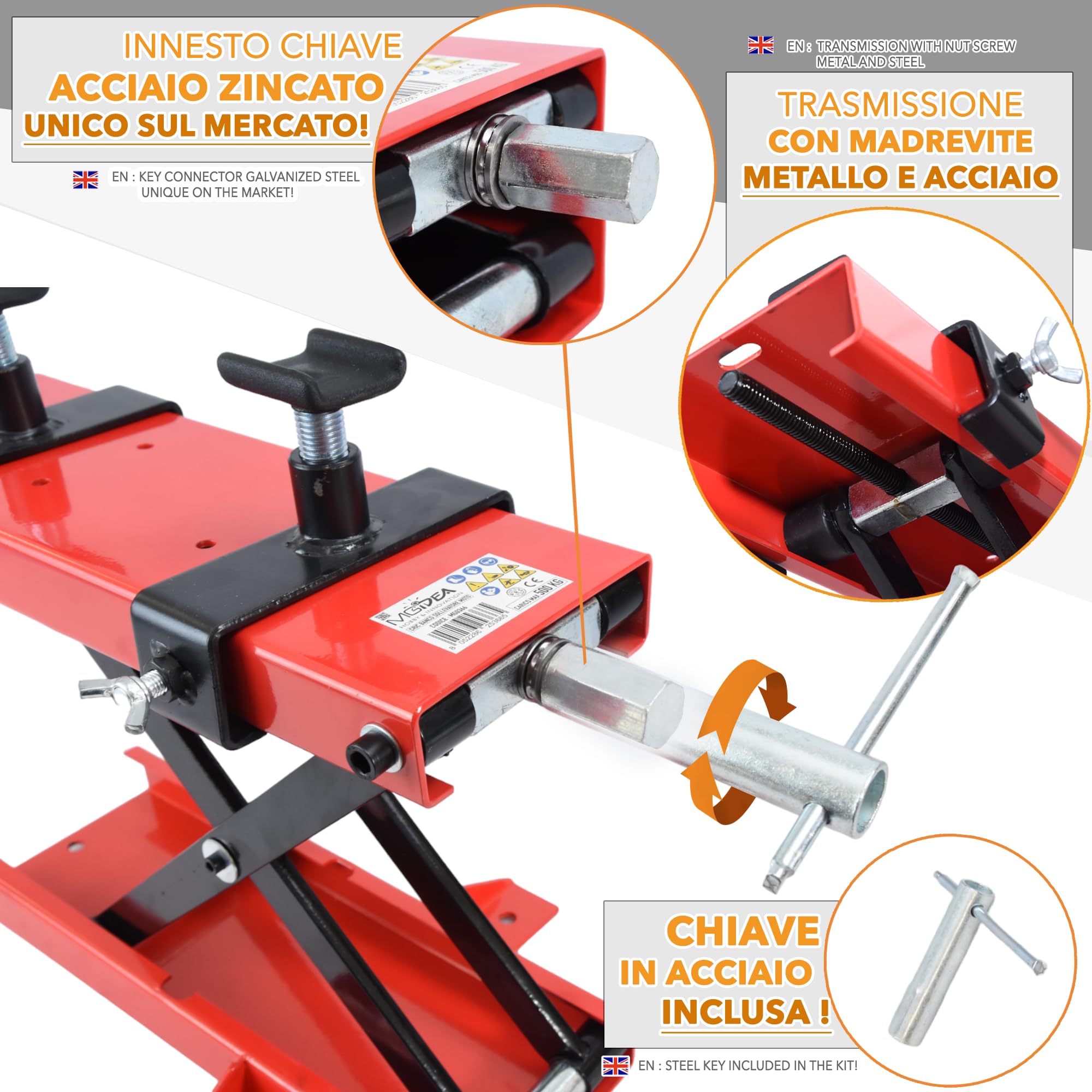 Alzamoto Pedana Centrale Sollevatore Moto Sollevamento Cross Custom Scooter Portata 500 kg in Metallo con madrevite in Metallo + Supporti Anti graffio Culla Motore Bike Enduro Garage Officina