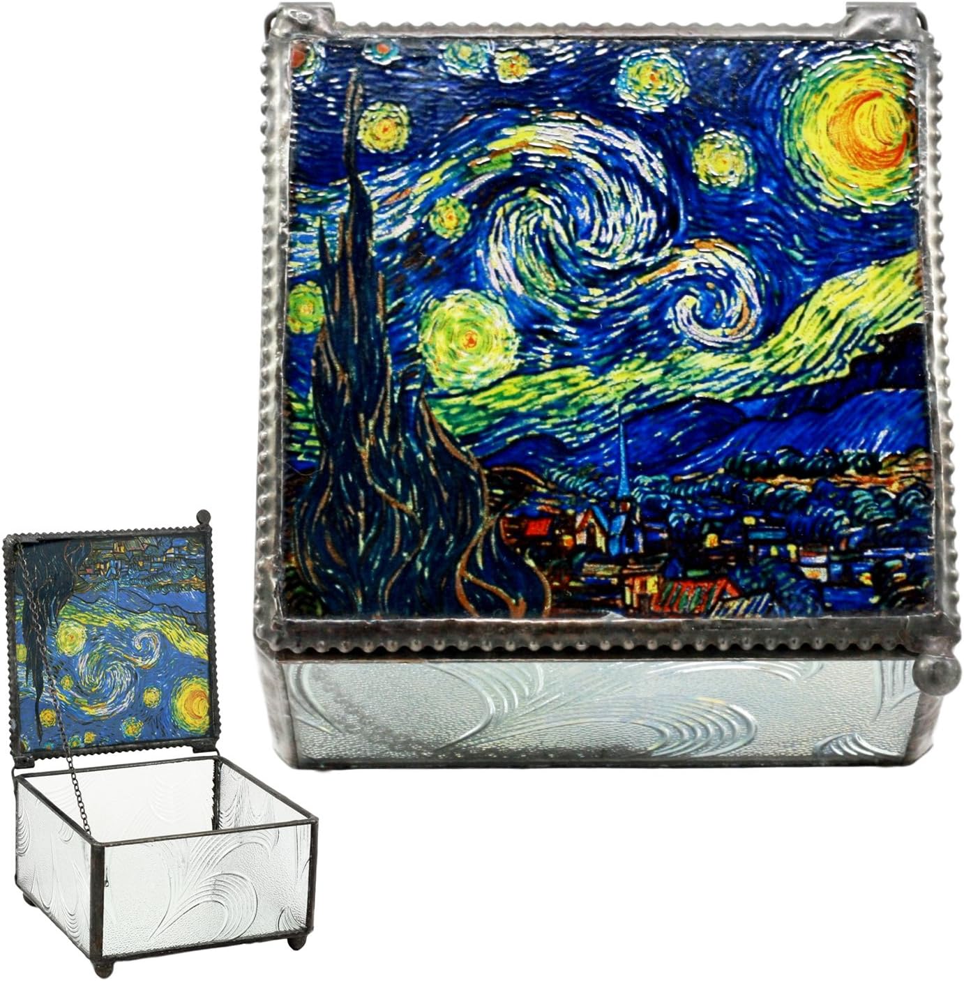Ebros Vincent Van Gogh Starry Night Stained Art Glass Decorative Box With Metal Frame 4"X4" Museum of Modern Art Trinket Jewelry Box Post Impressionist Art Saint Remy De Provence Window View