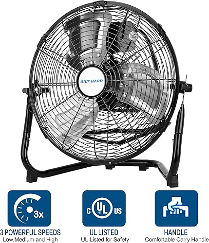 Miniatura 3 de BILT HARD Ventilador de piso de metal resistente de alta velocidad de 12 pulgadas, 3 velocidades, 1650 CFM, inclinación de 180 grados, potente