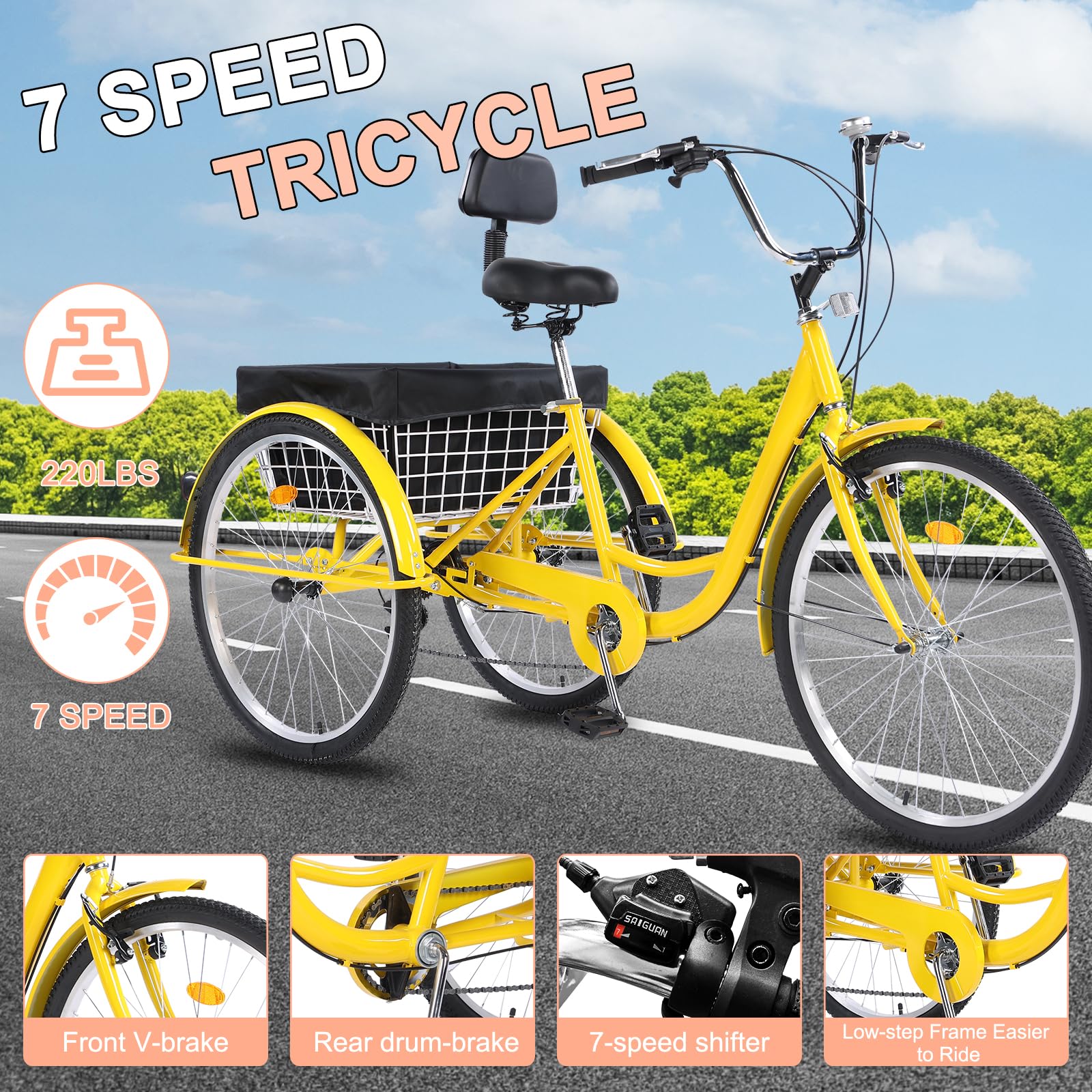 イエローシティサイクル バスケット付き Amazon.com : Jacgood Adult Tricycle 26 inch 7 Speed, Three Wheel