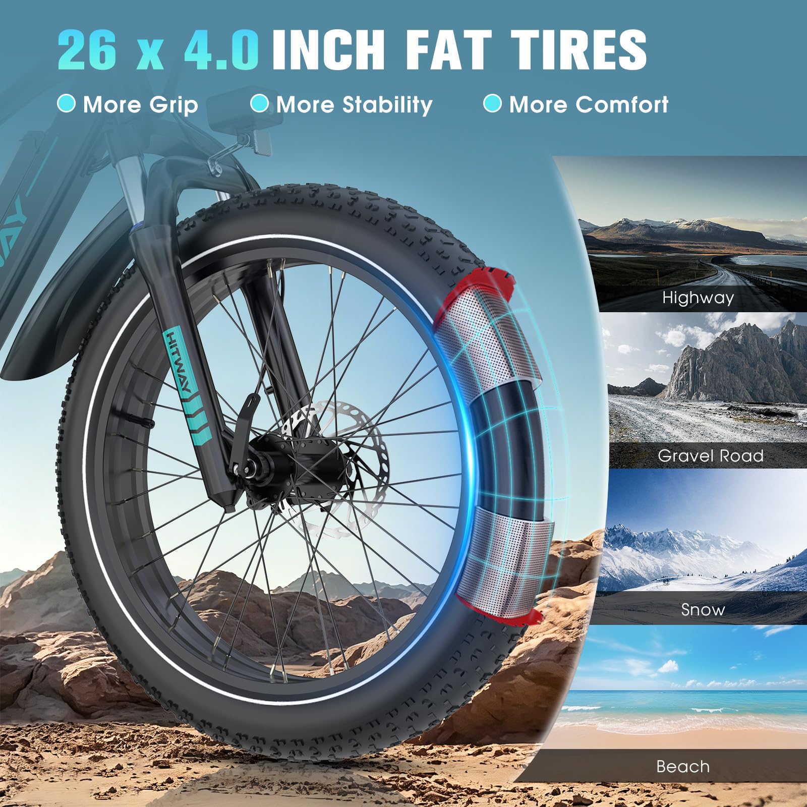 HITWAY Bicicleta Eléctrica Fat Bike 26×4,0 Pulgadas, hasta 120 km de autonomía, Sensor de Par, Motor de 250 W, Batería Samsung 48 V 15 Ah con BMS, App y NFC, Pantalla LCD, Frenos de Disco Hidráulicos