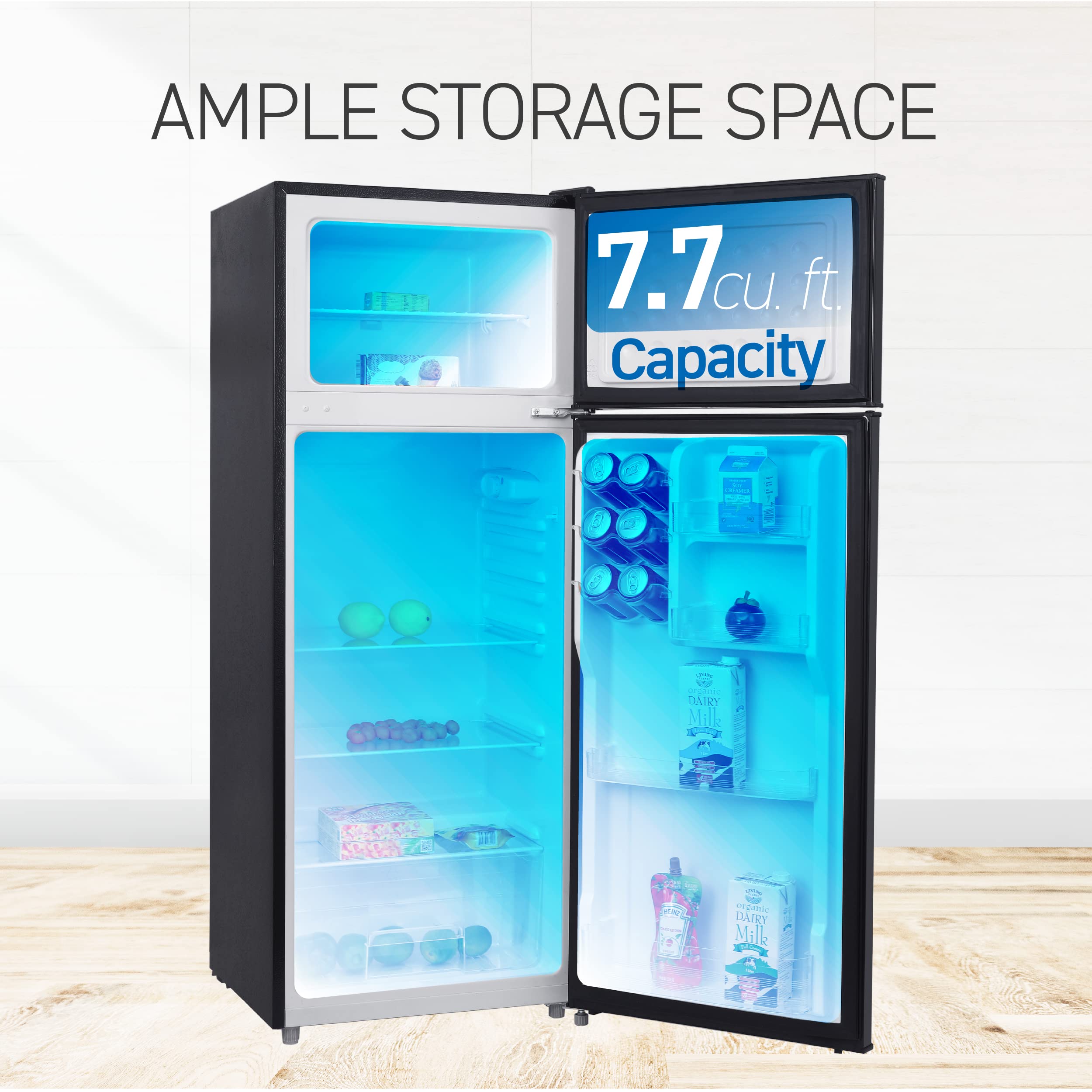Commercial Cool 7.7 Cu. Ft. Refrigerator With Freezer, Top Mount Fridge With Glass Shelves, Bottle Storage, Beverage Rack, And Refrigerator Crisper Drawer Cover In Black on Fridge.com - View 2