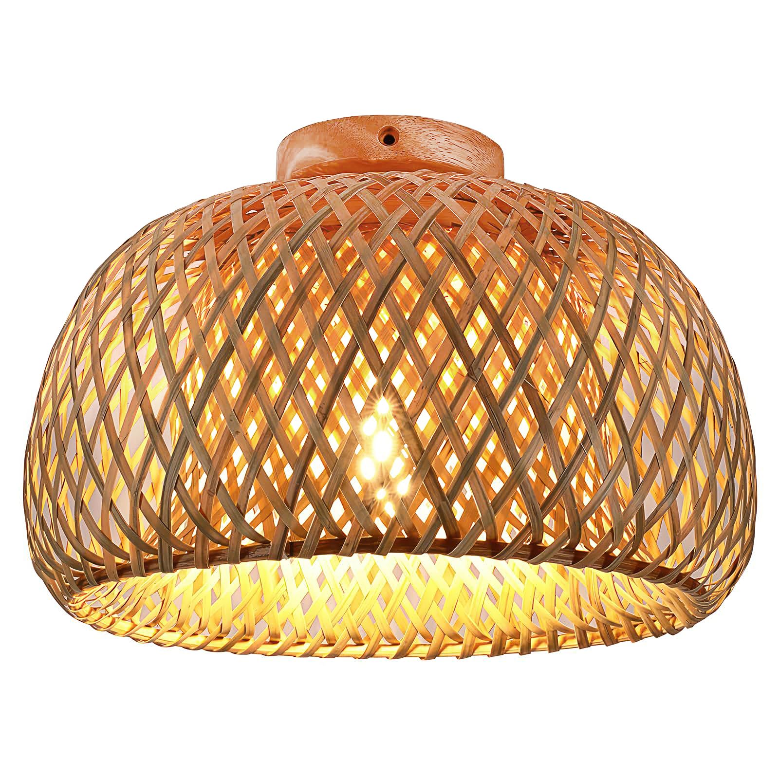 ZONJIE Rattan Ceiling Light - Natural Wicker Bamboo Ceiling Lights E27 Semi Flush Mount Ceiling Light Farmhouse Lighting Fixture Handmade Boho Cage Chandelier for Living Room Bedroom Kitchen Entryway