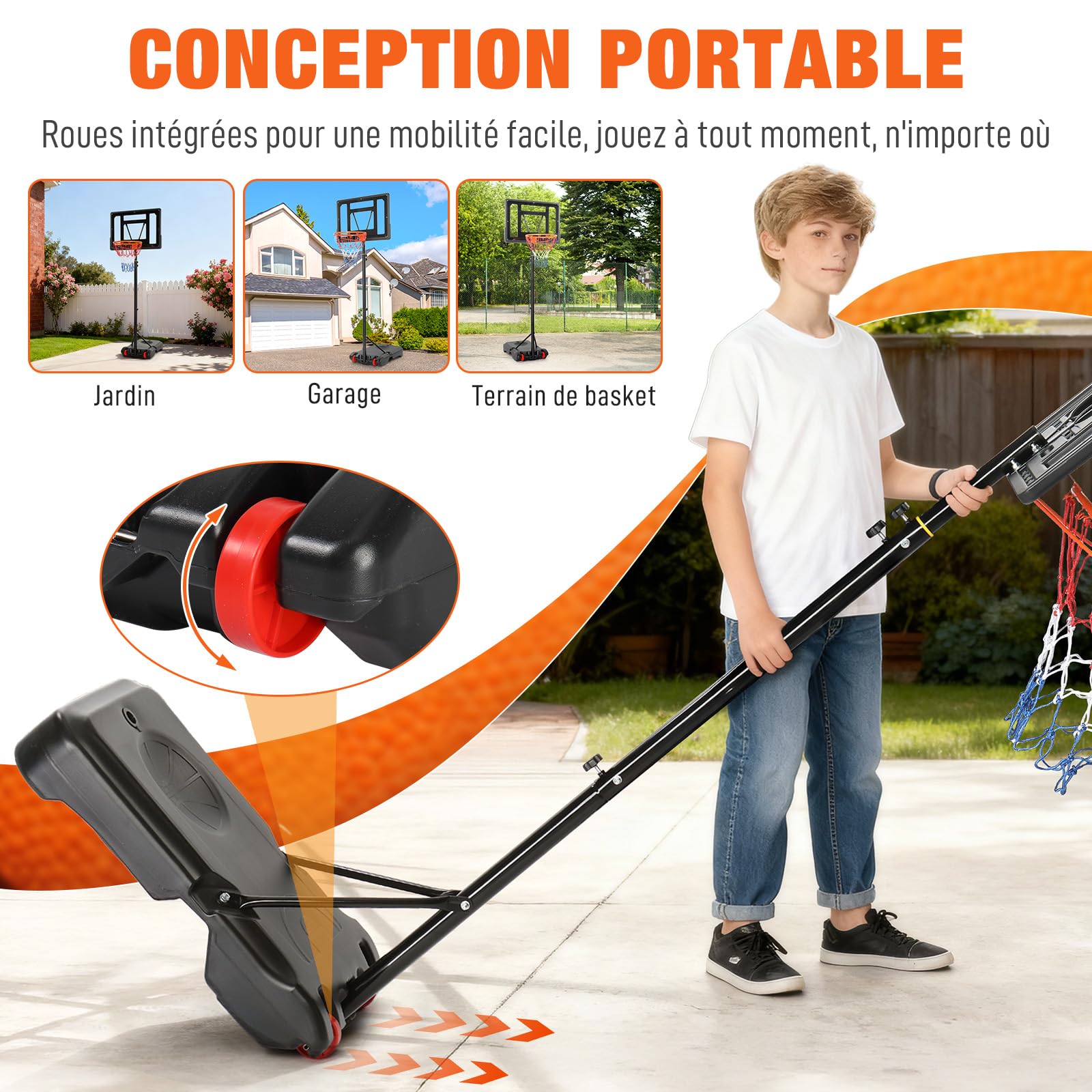 LEADZM Panier de Basketball Extérieur avec Support et roulettes, 2 Filets, pour Enfants et Adolescent, Support de Basketball pour Jardin et Cour, Hauteur Réglable de 155-210 cm (Noir)
