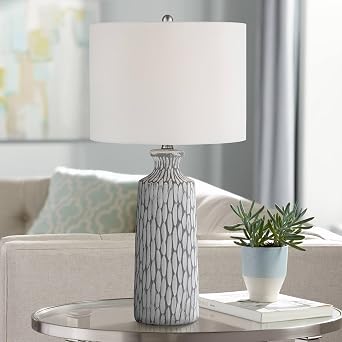360 Lighting Patrick Modern Coastal Modern Table Lamp 26 1/4" High with USB Dimmer Whitewash Gray Ceramic White Drum Shade for Bedroom Living Room House Desk Bedside Nightstand Office Family